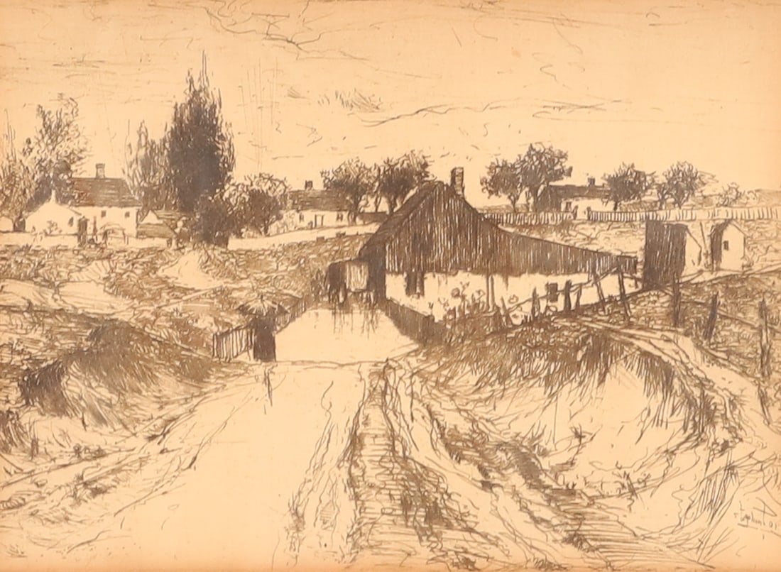 STEPHEN PARRISH ETCHING, CAPE COD: SOUTH DENNIS, CAPE COD (SHOWERY DAY-CAPE COD) PRINTED IN 1888. SGND. BOTTOM RIGHT. SIGHT VIEW 4" X 5 1/2". 10 3/4" X 12 1/4" TOTAL SIZE. PLEASE READ CAREFULLY - ITEMS MUST BE PAID FOR THROUGH