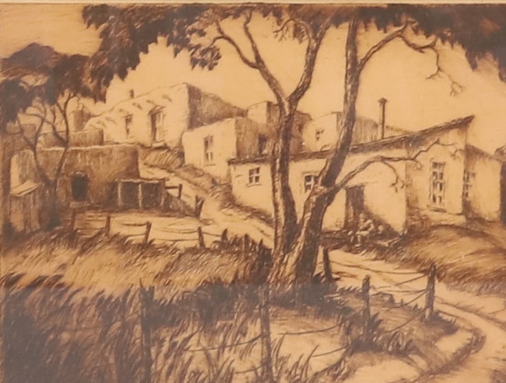 DOROTHY STAUFFER ETCHING, SANTA FE: CAMINO DE SANTA FE 2 / 25. MATTED AND FRAMED UNDER GLASS. SIGHT VIEW 4 3/8" X 5 1/4". 12 1/2" X 10 1/2" TOTAL SIZE. PLEASE READ CAREFULLY - ITEMS MUST BE PAID FOR THROUGH LIVE AUCTIONEERS OR