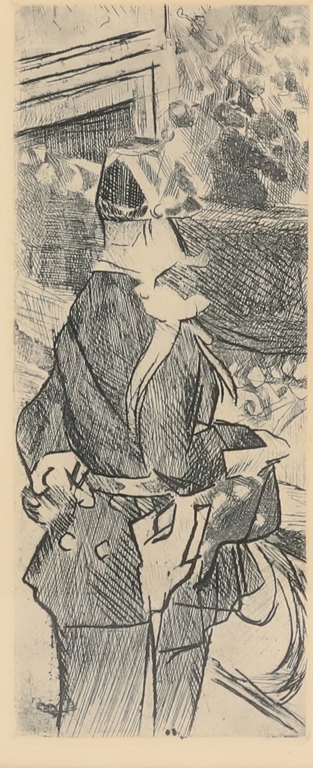 JACQUES VILLON, FRAMED ETCHING: FETE CHAMPETRE. CERTIFICATE OF AUTHENTICITY ON BACK. TOTAL SIZE 15 1/4" X 12 3/8". PLEASE READ CAREFULLY - ITEMS MUST BE PAID FOR THROUGH LIVE AUCTIONEERS OR WITH CASH OR CHECK IN PERSON - Terms