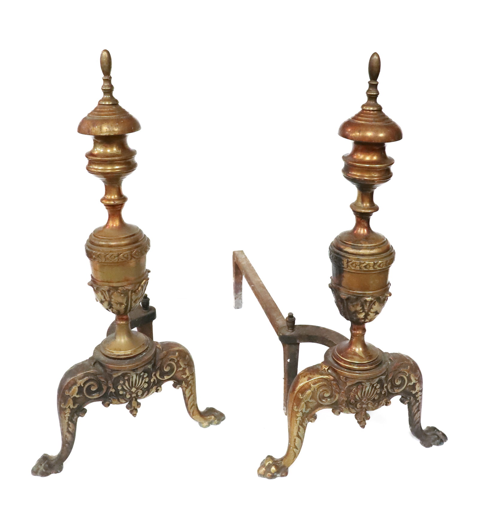 PAIR OF ORNATE BRASS ANDIRONS: BRASS AND CAST IRON. 21" X 10 3/4" X 17". PLEASE READ CAREFULLY - ITEMS MUST BE PAID FOR THROUGH LIVE AUCTIONEERS OR WITH CASH OR CHECK IN PERSON - Terms for Purchasing and Shipping of Auction