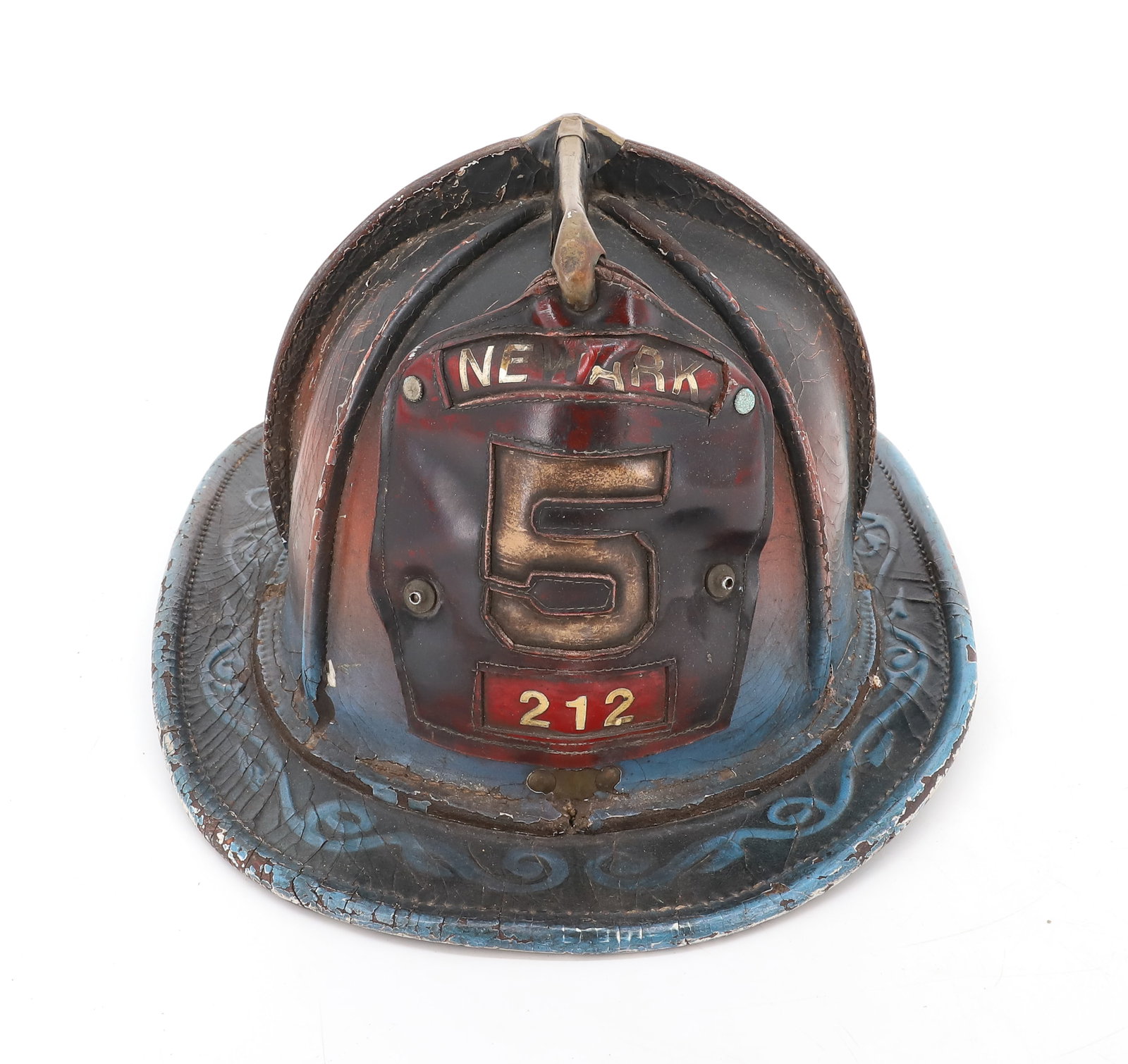 ANTIQUE LEATHER FIREFIGHTER'S HELMET: BRASS AND PAINTED TOOLED LEATHER. FRONT SHIELD MRKD. "NEWARK, 5 , 212" 15" L. PLEASE READ CAREFULLY - ITEMS MUST BE PAID FOR THROUGH LIVE AUCTIONEERS OR WITH CASH OR CHECK IN PERSON - Terms for