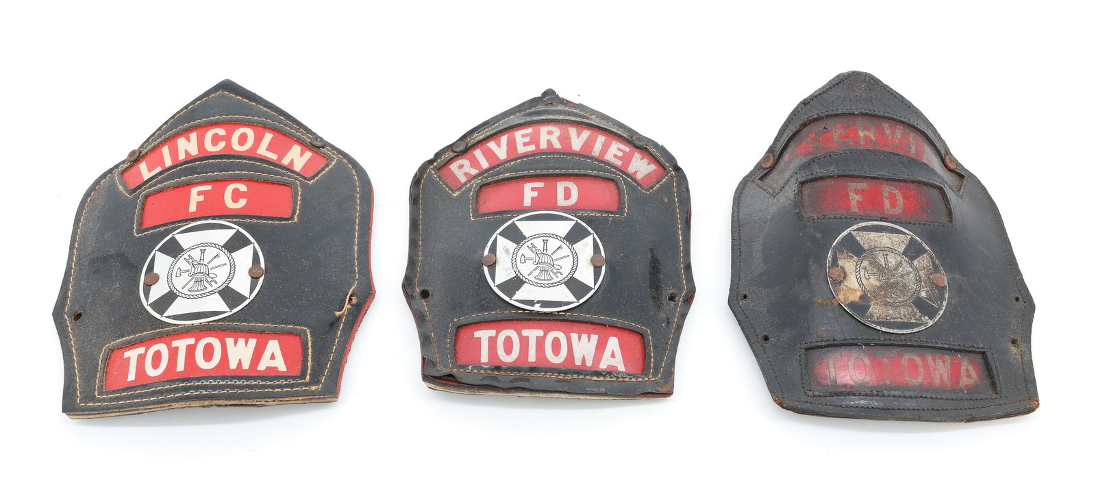 TOTOWA, NEW JERSEY LEATHER FIREMAN SHIELDS: (2) RIVERVIEW AND (1) LINCOLN SHIELD. 6" L. PLEASE READ CAREFULLY - ITEMS MUST BE PAID FOR THROUGH LIVE AUCTIONEERS OR WITH CASH OR CHECK IN PERSON - Terms for Purchasing and Shipping of Auction