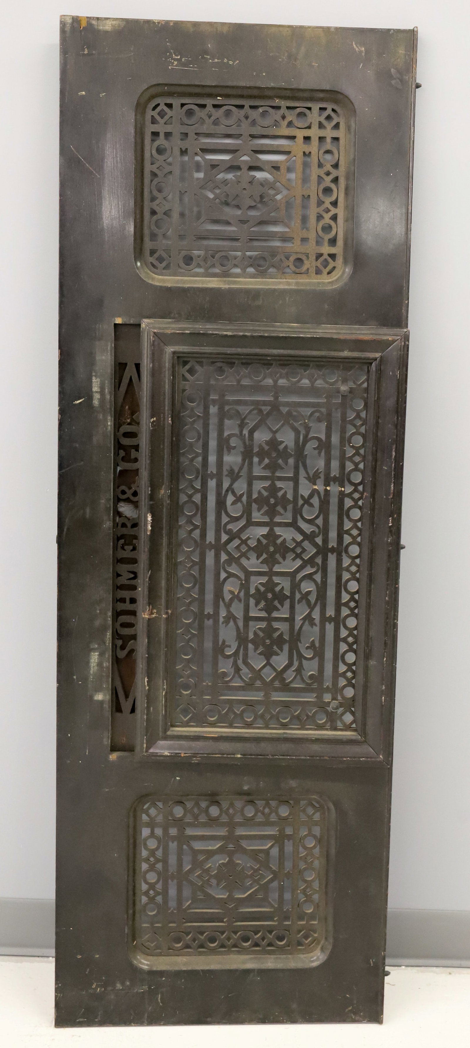 SOHMER & CO. PIANO PANEL: CUT-OUT DECORATIVE PANEL WITH HINGED CENTER DOOR. 57" X 19". PLEASE READ CAREFULLY - ITEMS MUST BE PAID FOR THROUGH LIVE AUCTIONEERS OR WITH CASH OR CHECK IN PERSON - Terms for Purchasing and