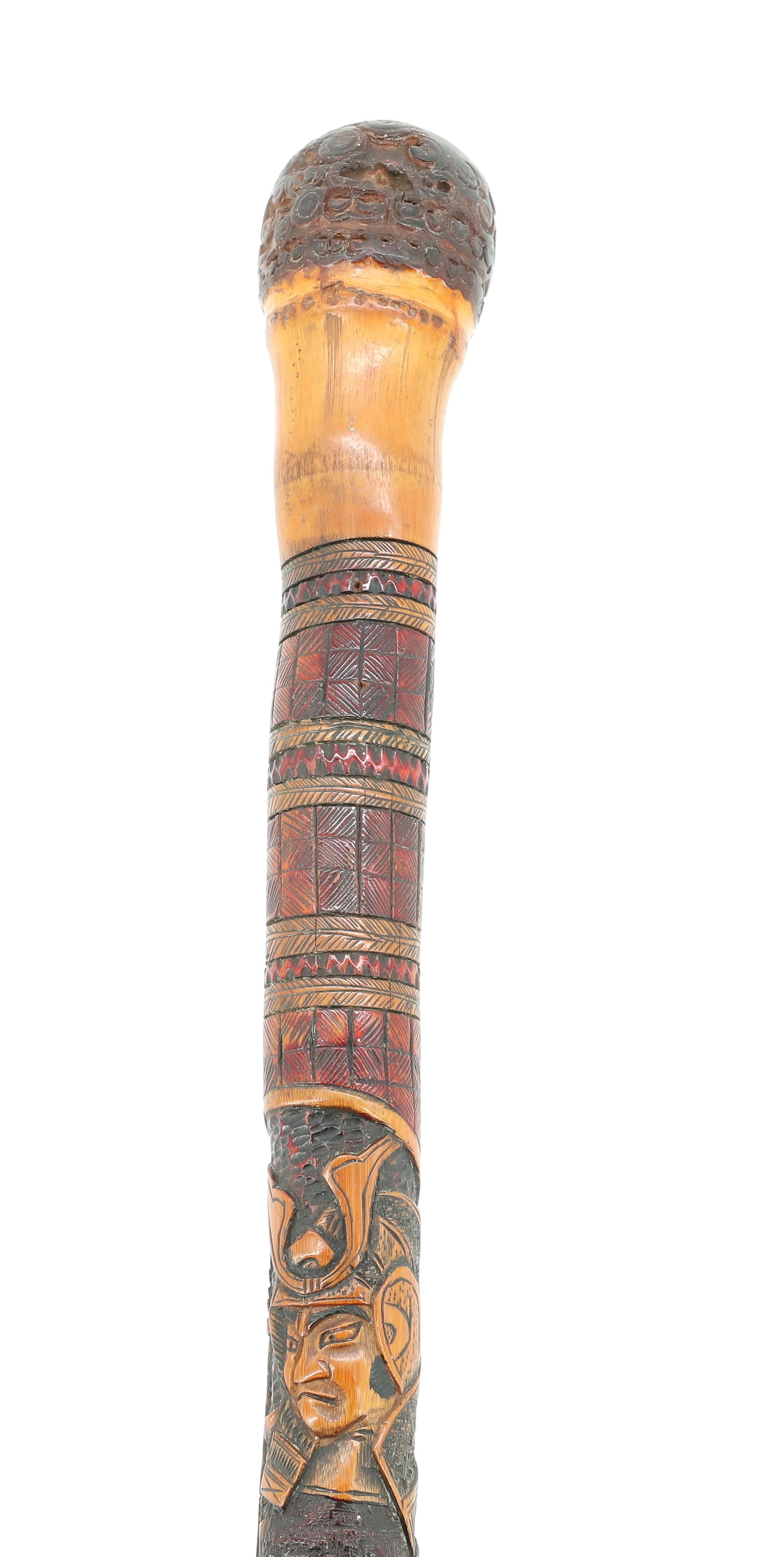 CARVED AND PAINTED JAPANESE WALKING STICK: CARVED BAMBOO WITH SAMURAI FIGURES AND FLORAL DECORATION. 32 1/2" L. PLEASE READ CAREFULLY - ITEMS MUST BE PAID FOR THROUGH LIVE AUCTIONEERS OR WITH CASH OR CHECK IN PERSON - Terms for Purchasing