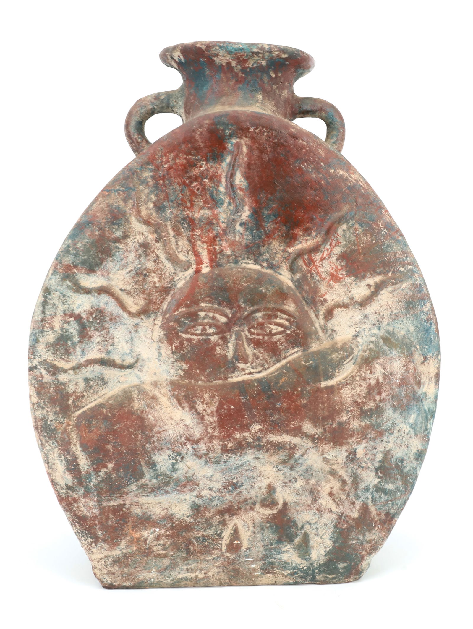 TERRACOTTA DOUBLE-HANDLED VESSEL: RISING SUN ON EITHER SIDE. GREEN / RED PAINTED SURFACE. 19 1/2" X 14 1/2". PLEASE READ CAREFULLY - ITEMS MUST BE PAID FOR THROUGH LIVE AUCTIONEERS OR WITH CASH OR CHECK IN PERSON - Terms for