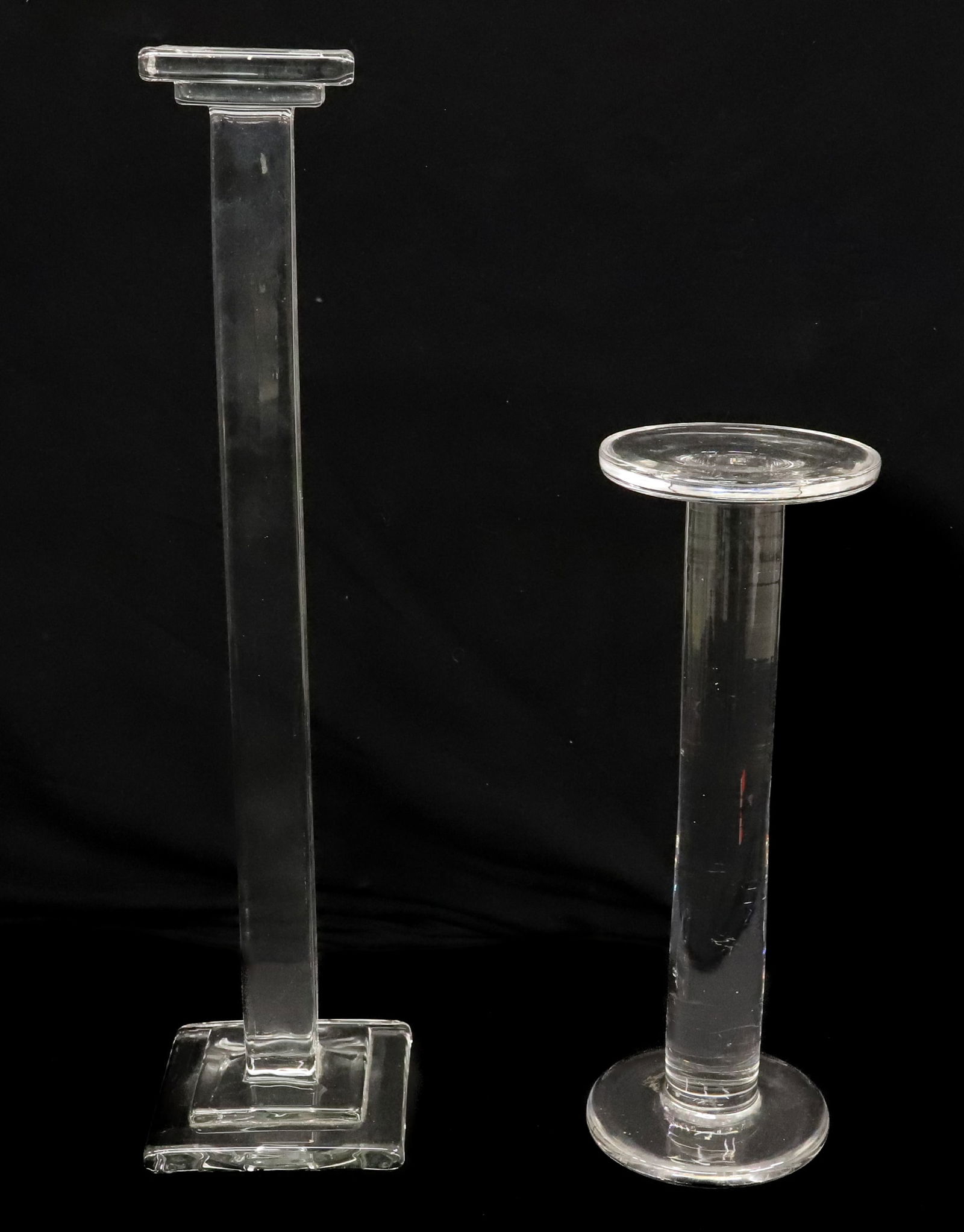 (2) GLASS HAT DISPLAY STANDS: SQUARE AND CIRCULAR. 12" AND 18" HEIGHTS. PLEASE READ CAREFULLY - ITEMS MUST BE PAID FOR THROUGH LIVE AUCTIONEERS OR WITH CASH OR CHECK IN PERSON - Terms for Purchasing and Shipping of Auction Items.