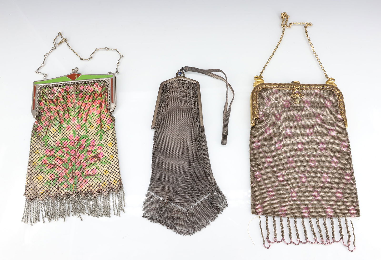 LOT OF METAL MESH AND BEADED BAGS, PURSES: INCLUDING: WHITING & DAVIS MULTI-COLOR FLORAL BAG 6 1/4" L., SILVER MESH MRKD. "BEK" AND GLASS BEADED BAG (MADE IN FRANCE WITH SWANS AND FLOWER BASKET AT TOP. 6 1/4" L. PLEASE READ CAREFULLY -