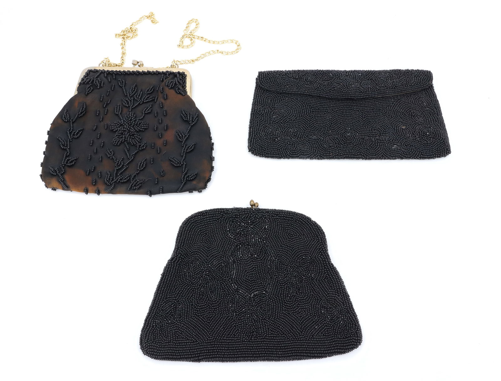 (3) BLACK BEADED BAGS, PURSES: BAG WITH GOLD CHAIN MRKD. MADE IN HONG KONG (CHAIN IS NOT ATTACHED). RECTANGULAR BAG UNMARKED (8 3/8" L.) OTHER IS MRKD. JOSEF, BELGIUM. PLEASE READ CAREFULLY - ITEMS MUST BE PAID FOR THROUGH