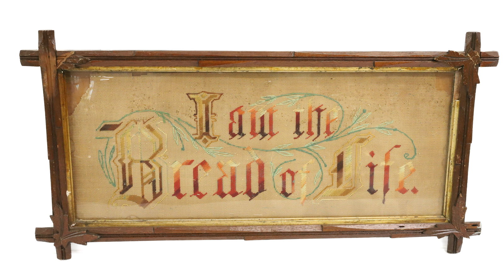 VICTORIAN-ERA MOTTO SAMPLER: PUNCHED PAPER / NEEDLEWORK DESIGN. "I AM THE BREAD OF LIFE". 12 1/2" X 25" TOTAL SIZE. PLEASE READ CAREFULLY - ITEMS MUST BE PAID FOR THROUGH LIVE AUCTIONEERS OR WITH CASH OR CHECK IN PERSON -