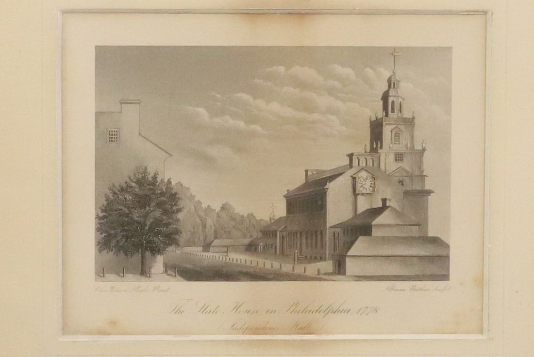 THE STATE HOUSE IN PHILADELPHIA, 1778 ENGRAVING: INDEPENDENCE HALL FROM "CHAS. WILSON PEALE PRINT, ILLMAN BROTHER SCULPT." SIGHT VIEW 6 1/8" X 8 1/8". TOTAL SIZE 12 3/4" X 14 3/4". PLEASE READ CAREFULLY - ITEMS MUST BE PAID FOR THROUGH LIVE