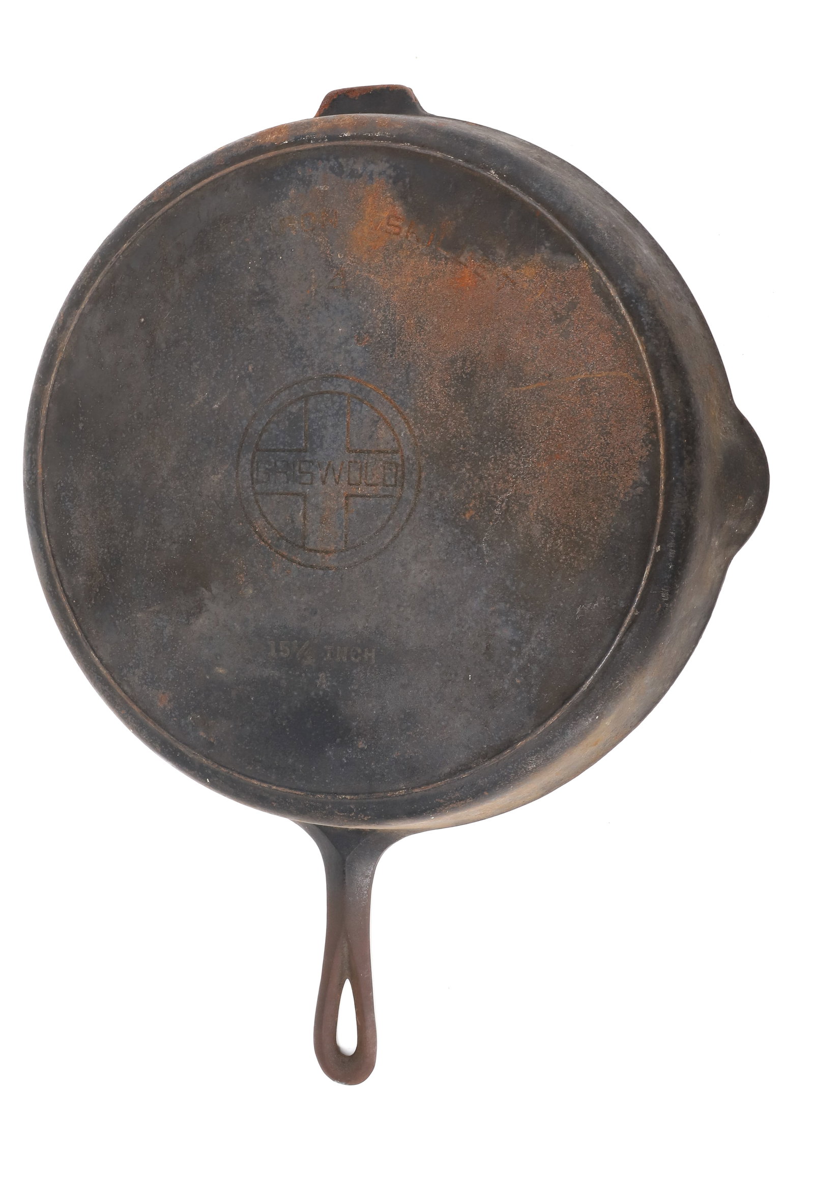 GRISWOLD #14 CAST IRON SKILLET, PAN: MRKD. "CAST IRON SKILLET 14...15 1/4 INCH "A" ON BOTTOM. HEAT RING. PLEASE READ CAREFULLY - ITEMS MUST BE PAID FOR THROUGH LIVE AUCTIONEERS OR WITH CASH OR CHECK IN PERSON - Terms for Purchasing