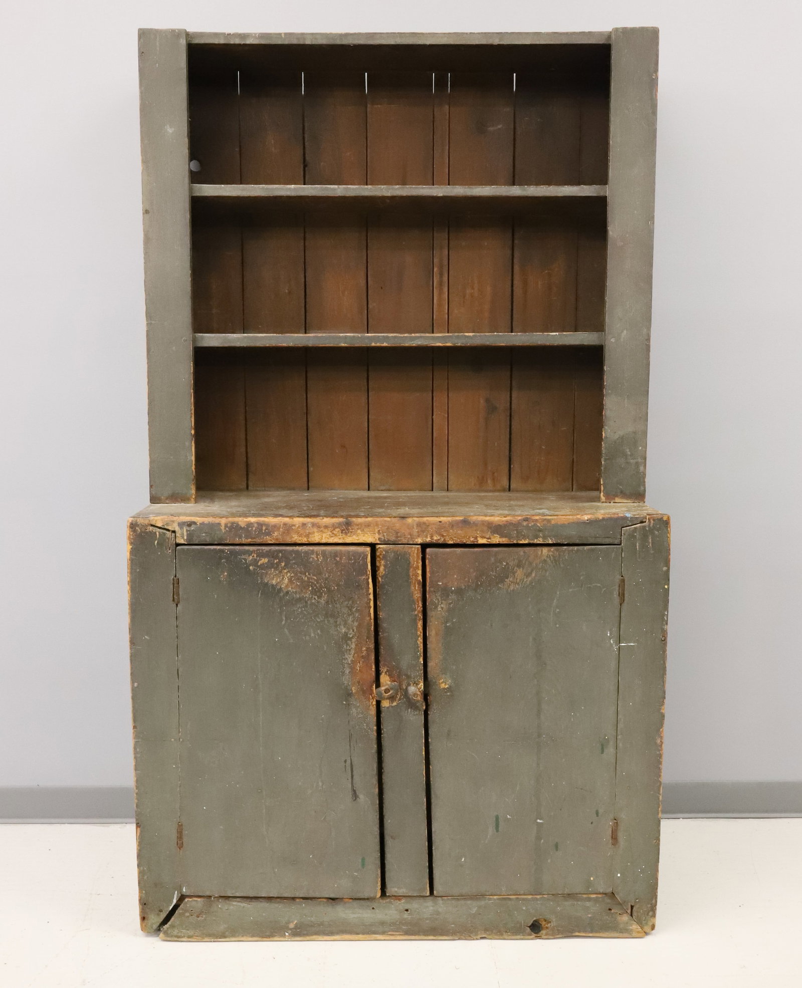 ANTIQUE GREEN PAINTED STEPBACK CUPBOARD (1 of 7)