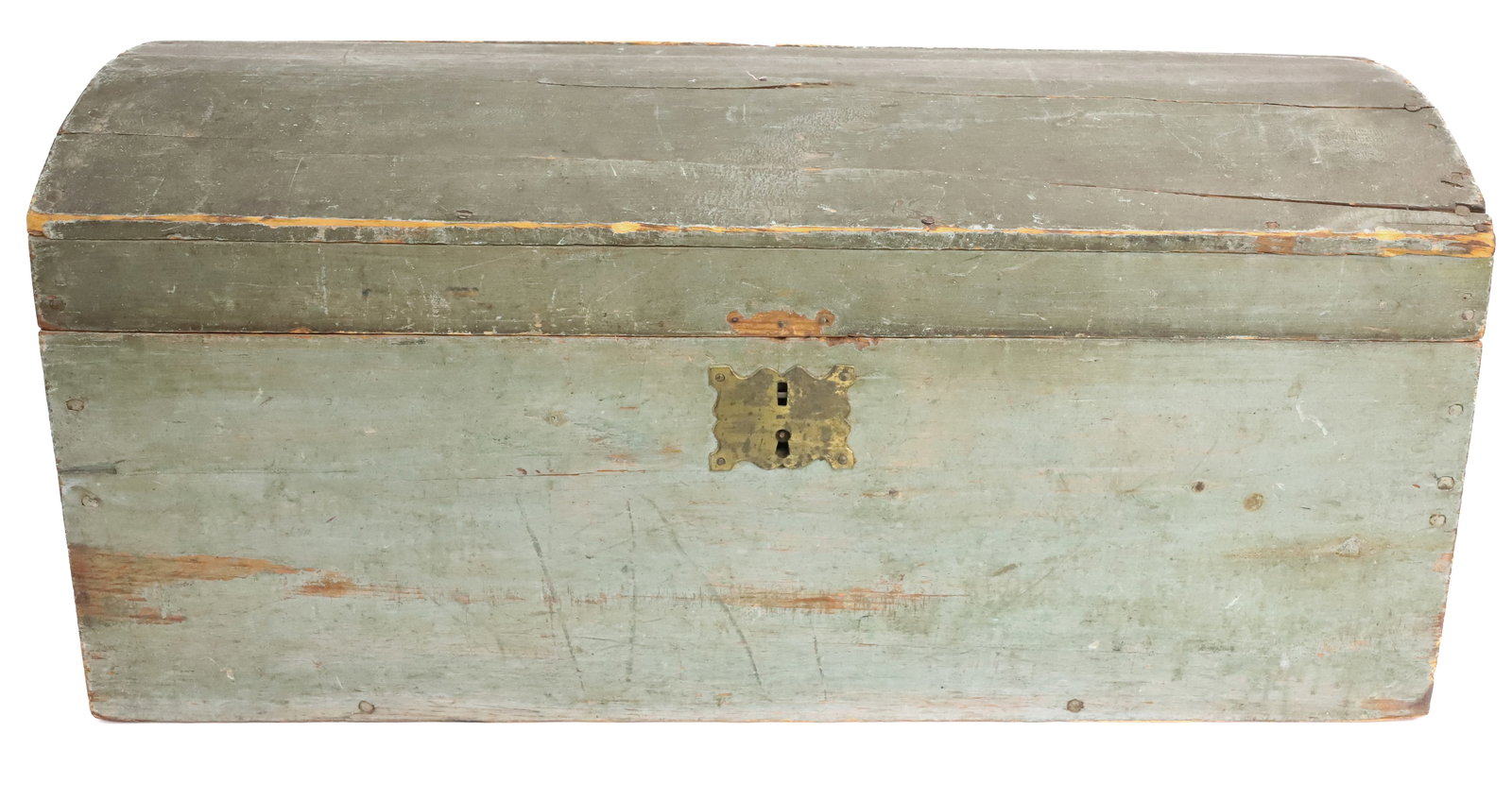 ANTIQUE GREEN PAINTED WOODEN TRUNK: DOMETOP WITH SQUARE NAIL CONSTRUCTION. 11 1/4" X 24 1/4" X 12". PLEASE READ CAREFULLY - ITEMS MUST BE PAID FOR THROUGH LIVE AUCTIONEERS OR WITH CASH OR CHECK IN PERSON - Terms for Purchasing and