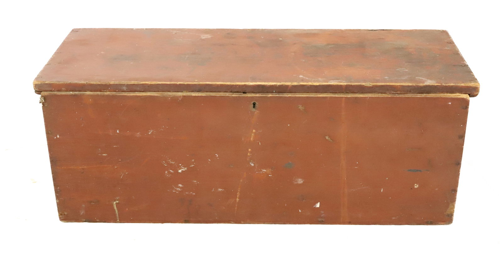 RED PAINTED BLANKET BOX: 19TH C. BOX W/ INTERIOR TILL. LID IS DETACHED FROM BASE. 13 1/2" X 36 1/2" X 13". PLEASE READ CAREFULLY - ITEMS MUST BE PAID FOR THROUGH LIVE AUCTIONEERS OR WITH CASH OR CHECK IN PERSON - Terms