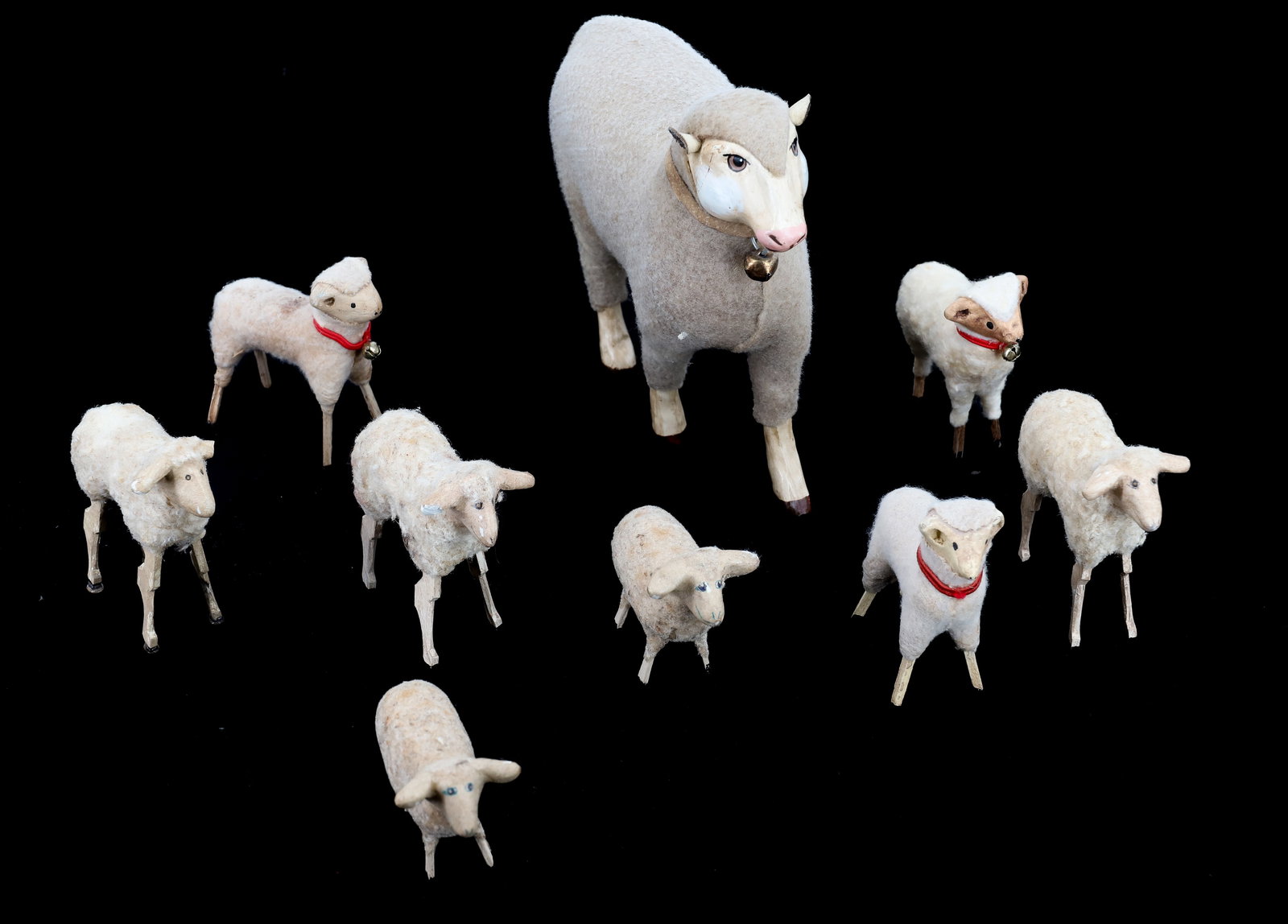 LOT OF OF FOLK ART WOOLY SHEEP: VARIOUS SIZES AND STYLES. HEAVY WEIGHT. SOME SGND. "ND97, HCD" ON LEGS. CONTEMPORARY. 2 3/4" TO 7" LENGTHS. PLEASE READ CAREFULLY - ITEMS MUST BE PAID FOR THROUGH LIVE AUCTIONEERS OR WITH CASH