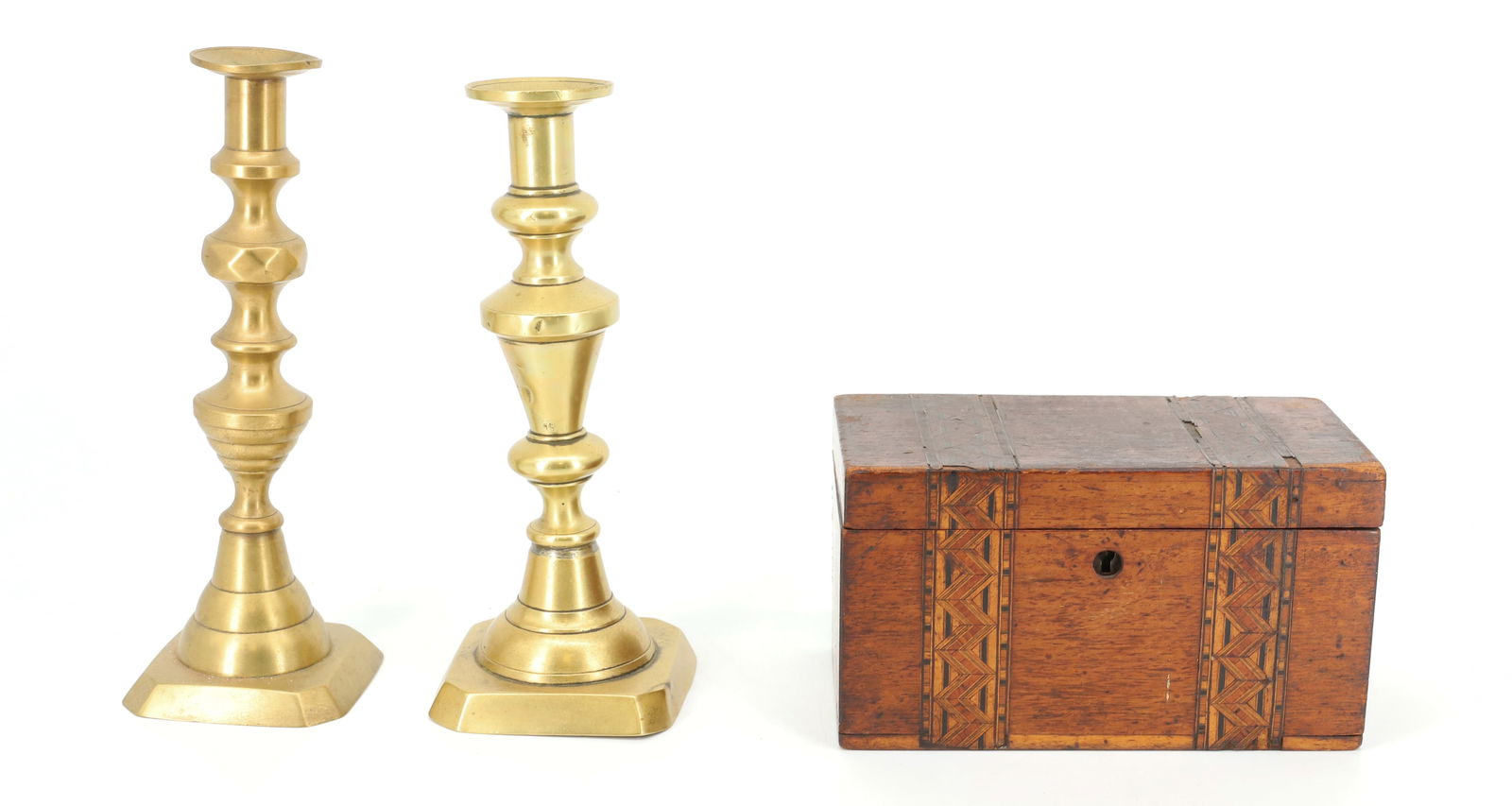 INLAID TOBACCO / SPICE BOX AND BRASS CANDLESTICKS (1 of 6)