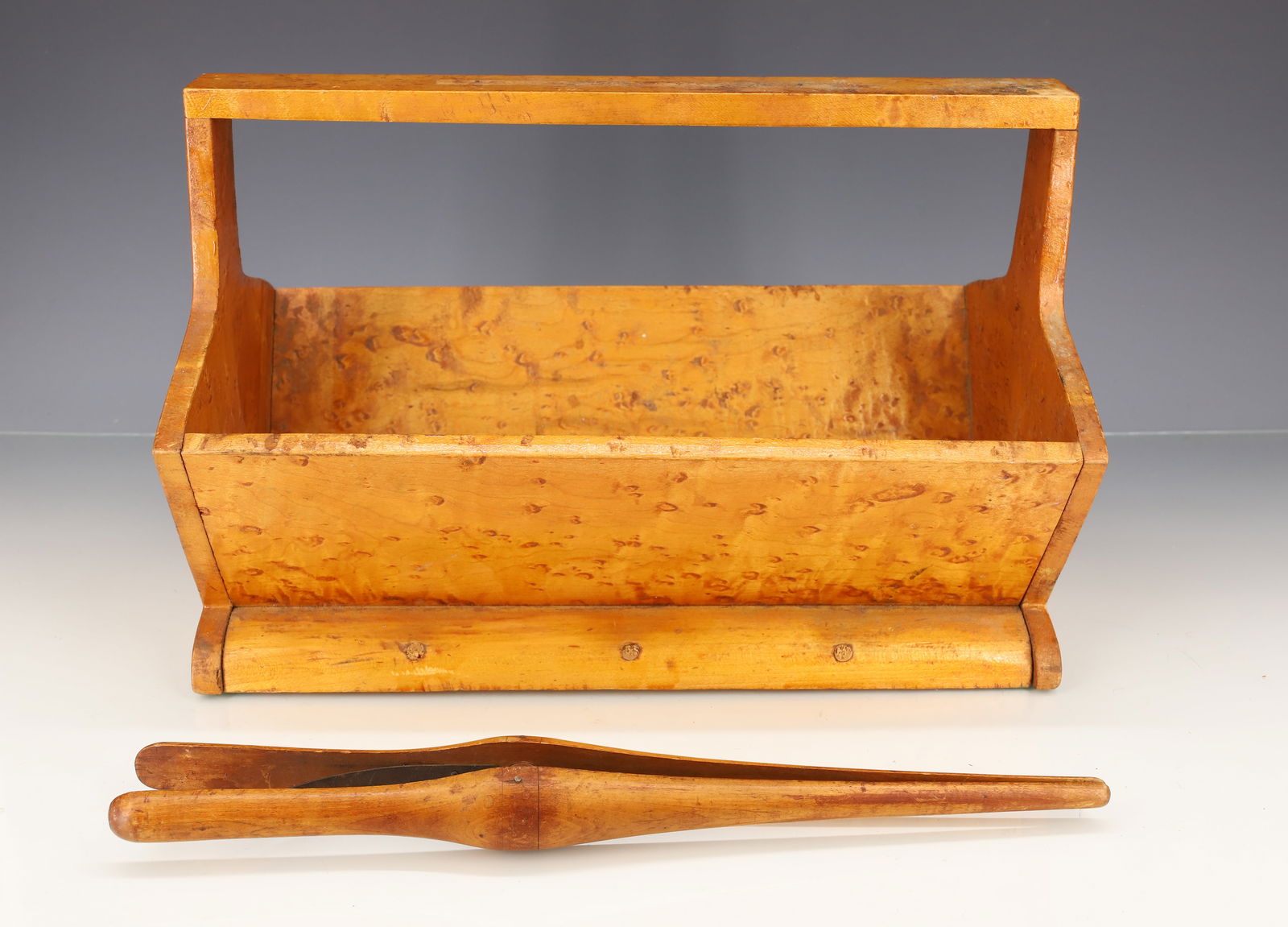 SHAKER SEWING CARRIER AND GLOVE STRETCHER: BIRDSEYE MAPLE SEWING CARRIER (12" L) - GLOVE STRETCHER (12" L) PLEASE READ CAREFULLY - ITEMS MUST BE PAID FOR THROUGH LIVE AUCTIONEERS OR WITH CASH OR CHECK IN PERSON - Terms for Purchasing and