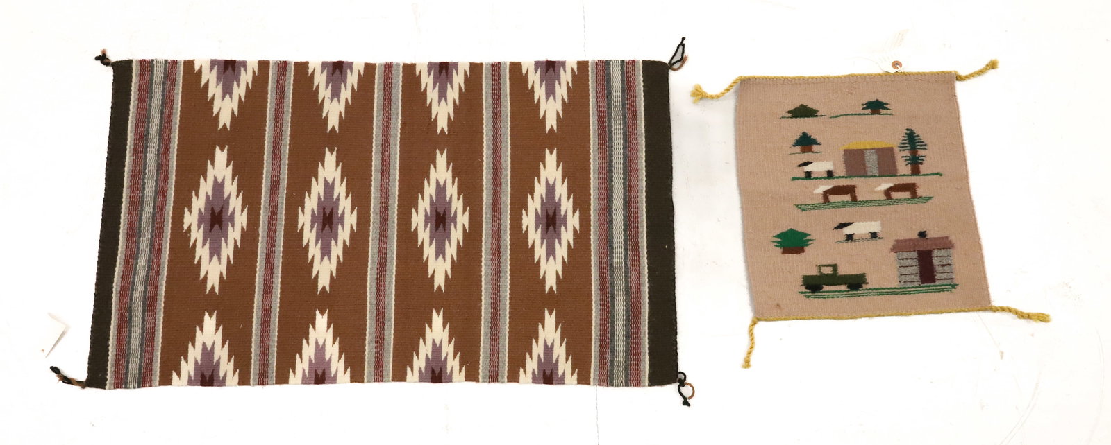 (2) VINTAGE NAVAJO WEAVINGS: SMALLER PICTORIAL RUG W/ TAG "GENUINE NAVAJO RUG, WEAVER STELLA WHITE" 12 1/2" X 13 1/2". THE OTHER TAGGED "GREY WOLF, RENA YAZZIE" 30" X 17 3/4". . PLEASE READ CAREFULLY - ITEMS MUST BE PAID FOR THRO