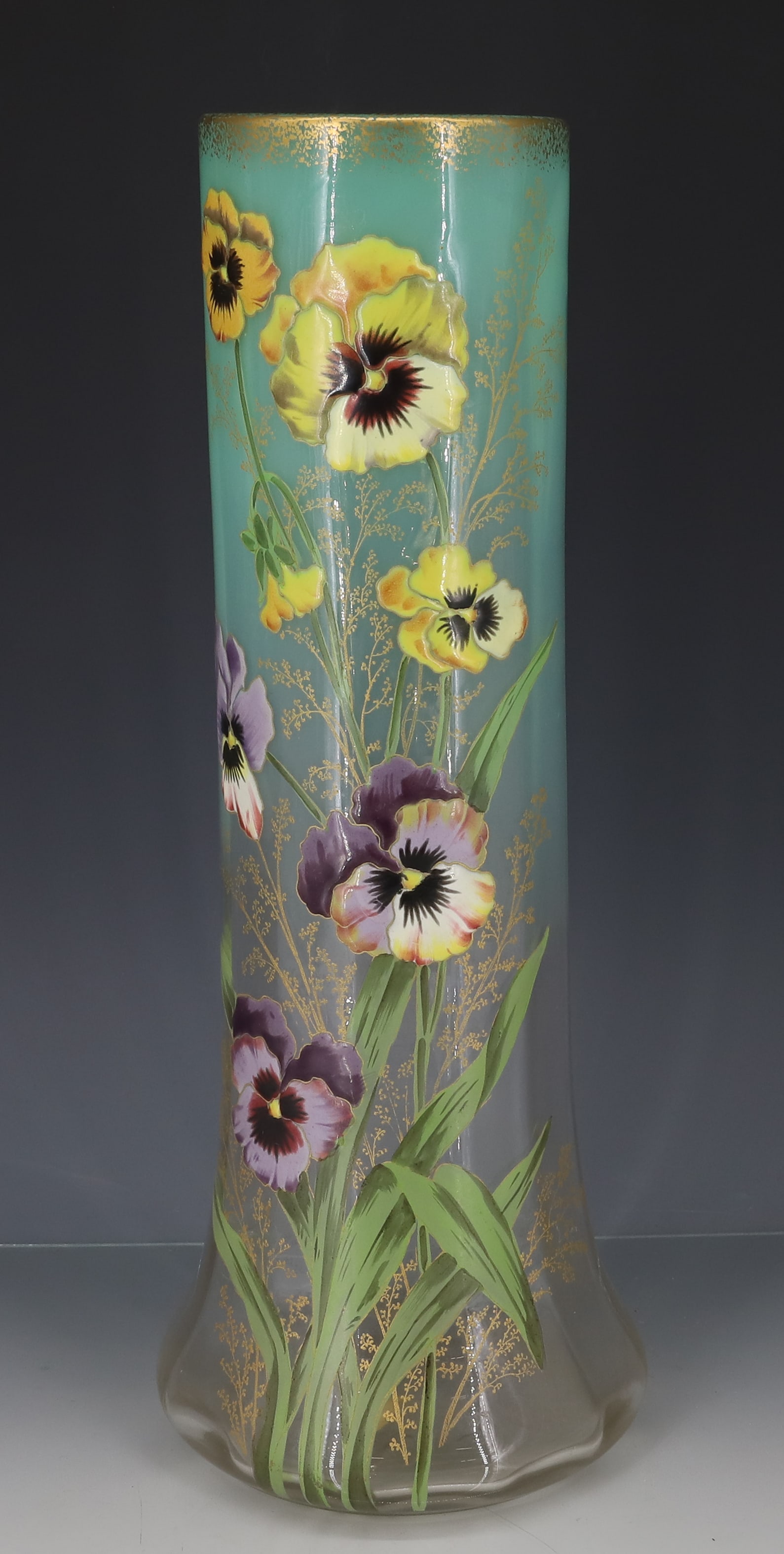 MONT JOYE LEGRAS ENAMELED VASE: ENAMELED PANSIES WITH GOLD DECORATION POLISHED PONTIL MARKED 4111 14"H PLEASE READ CAREFULLY - ITEMS MUST BE PAID FOR THROUGH LIVE AUCTIONEERS OR WITH CASH OR CHECK IN PERSON - Terms for Purchasing an