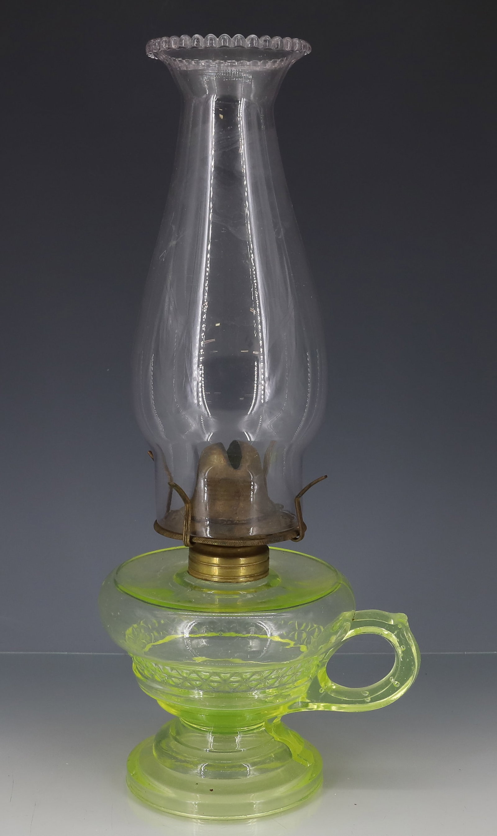 VICTORIAN URANIUM GLASS KEROSENE LAMP: ALL ORIGINAL WITH BLOWN CHIMNEY 12 1/2"H PLEASE READ CAREFULLY - ITEMS MUST BE PAID FOR THROUGH LIVE AUCTIONEERS OR WITH CASH OR CHECK IN PERSON - Terms for Purchasing and Shipping of Auction Items. P