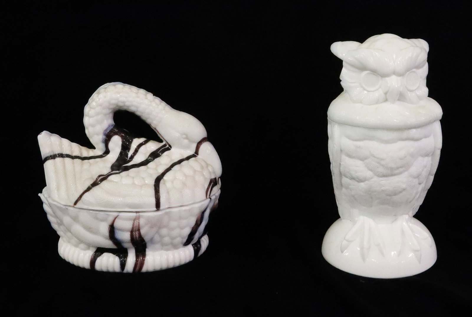 (2) ATTERBURY FIGURAL ANIMAL DISHES: MILK GLASS OWL AND PURPLE SLAG SWAN BOTH COVERED DISHES 7"H, 5 1/2"H PLEASE READ CAREFULLY - ITEMS MUST BE PAID FOR THROUGH LIVE AUCTIONEERS OR WITH CASH OR CHECK IN PERSON - Terms for Purchasing and