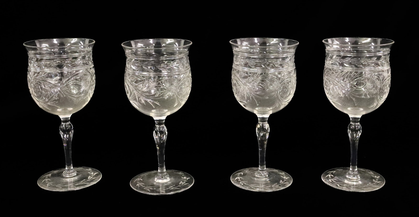 (4) DORFLINGER ROCK CRYSTAL LINE WINES: ENGRAVED FLORAL 4 3/8"H PLEASE READ CAREFULLY - ITEMS MUST BE PAID FOR THROUGH LIVE AUCTIONEERS OR WITH CASH OR CHECK IN PERSON - Terms for Purchasing and Shipping of Auction Items. Please read