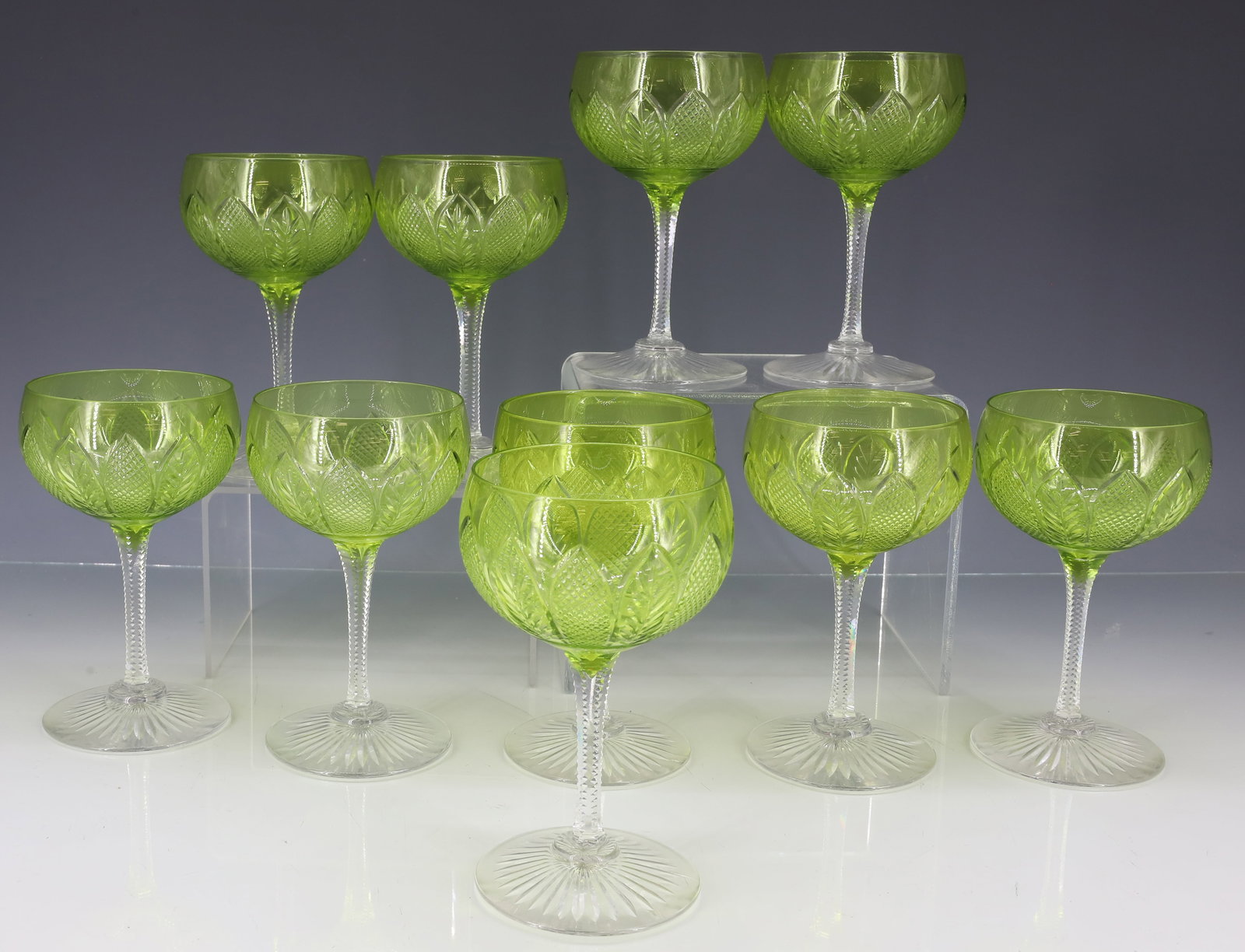 (10) DORFLINGER HOCK WINE GLASSES: CUT GLASS #1800 PATTERN CHARTREUSE BOWLS CLEAR STEM AND BASE 5"H PLEASE READ CAREFULLY - ITEMS MUST BE PAID FOR THROUGH LIVE AUCTIONEERS OR WITH CASH OR CHECK IN PERSON - Terms for Purchasing