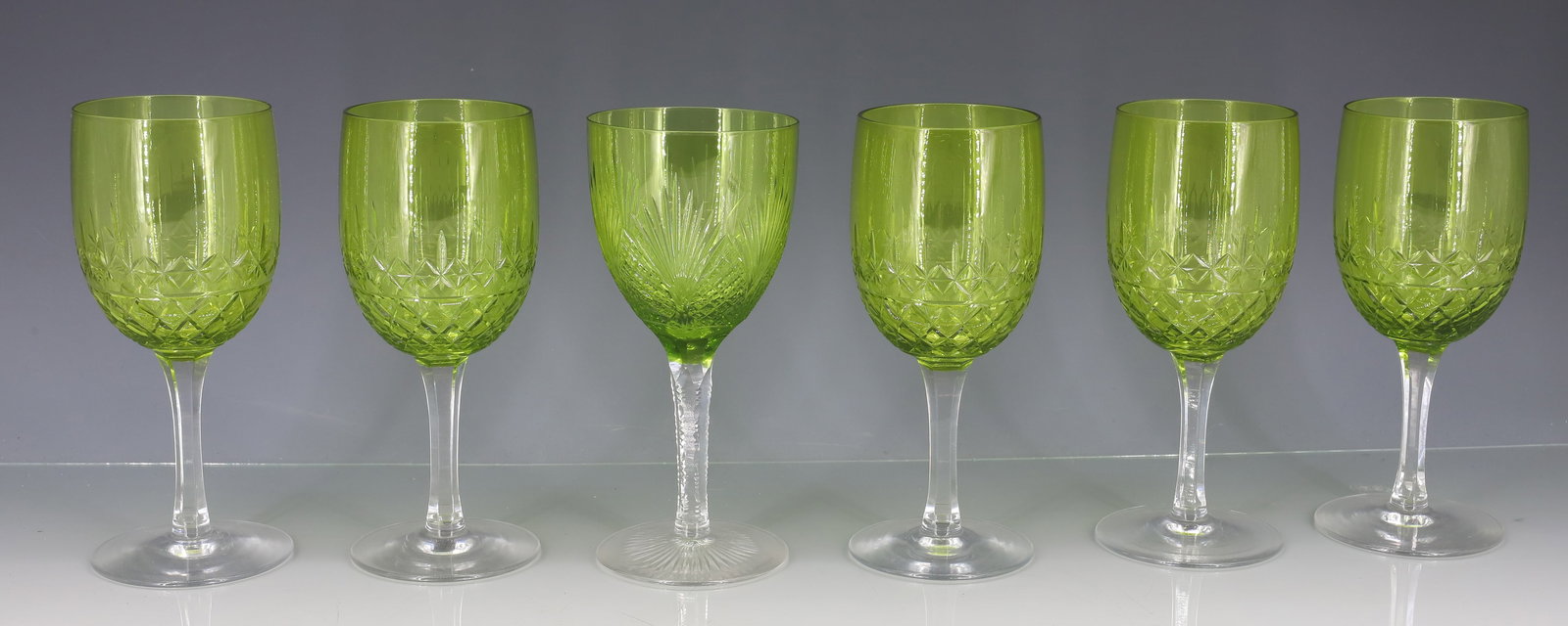 (8) CHARTREUSE CUT GLASS WINE GLASSES: (5) DIAMOND & FAN WITH CUT STEMS (POSSIBLY DORFLINGER), (3) MATCHING WINES 5 7/8"H, 6"H PLEASE READ CAREFULLY - ITEMS MUST BE PAID FOR THROUGH LIVE AUCTIONEERS OR WITH CASH OR CHECK IN PERSON - Terms