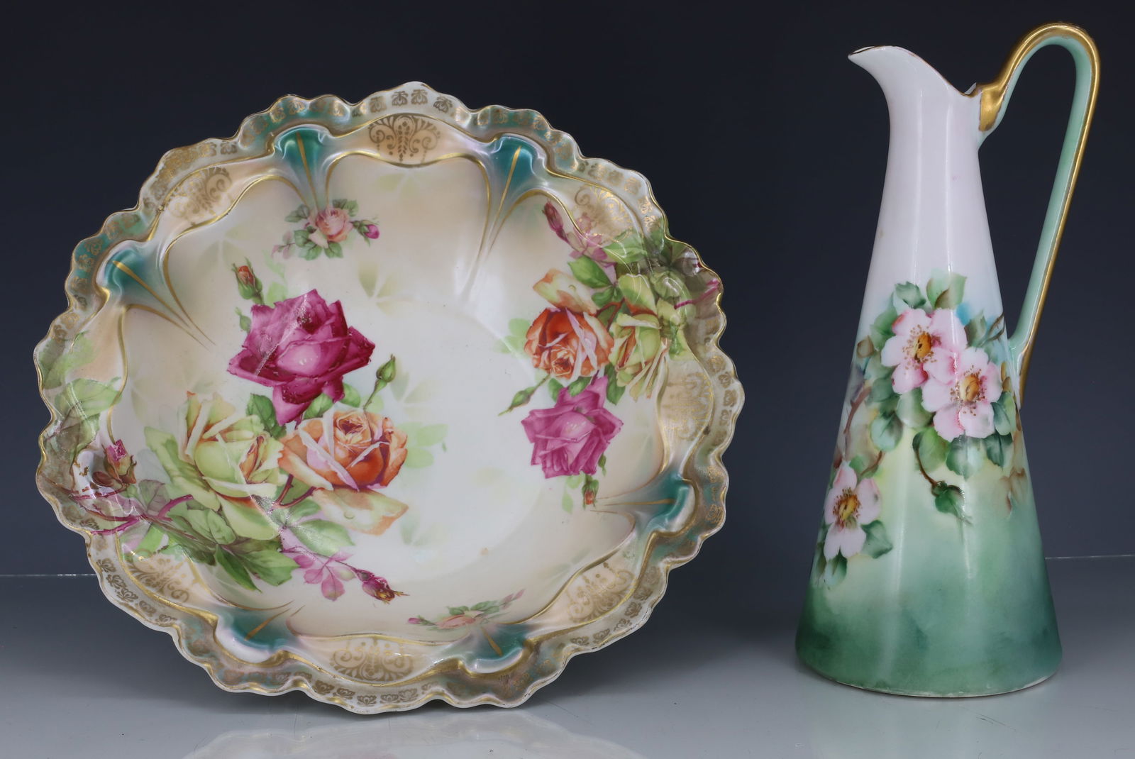 (2) HAND PAINTED ROSENTHAL EWER/ BAVARIA BOWL: BLOWN OUT MOLD BOWL GOLD DECORATION, HAND PAINTED EWER ROSENTHAL GOLD HANDLE 10 1/2" DIA, 9 1/2"H PLEASE READ CAREFULLY - ITEMS MUST BE PAID FOR THROUGH LIVE AUCTIONEERS OR WITH CASH OR CHECK IN