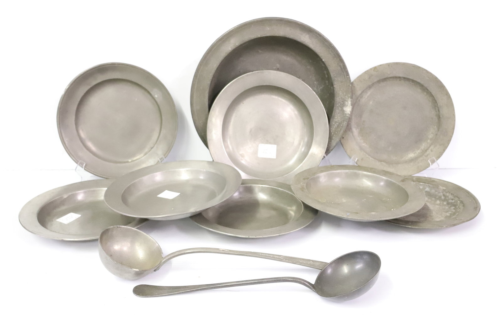 (11) 19TH C. PEWTER PLATES/LADLES: ENGLISH AND GERMAN HALLMARKS PLATES 8 3/4" BOWL 11 1/2" DIA LADLES 13"L PLEASE READ CAREFULLY - ITEMS MUST BE PAID FOR THROUGH LIVE AUCTIONEERS OR WITH CASH OR CHECK IN PERSON - Terms for