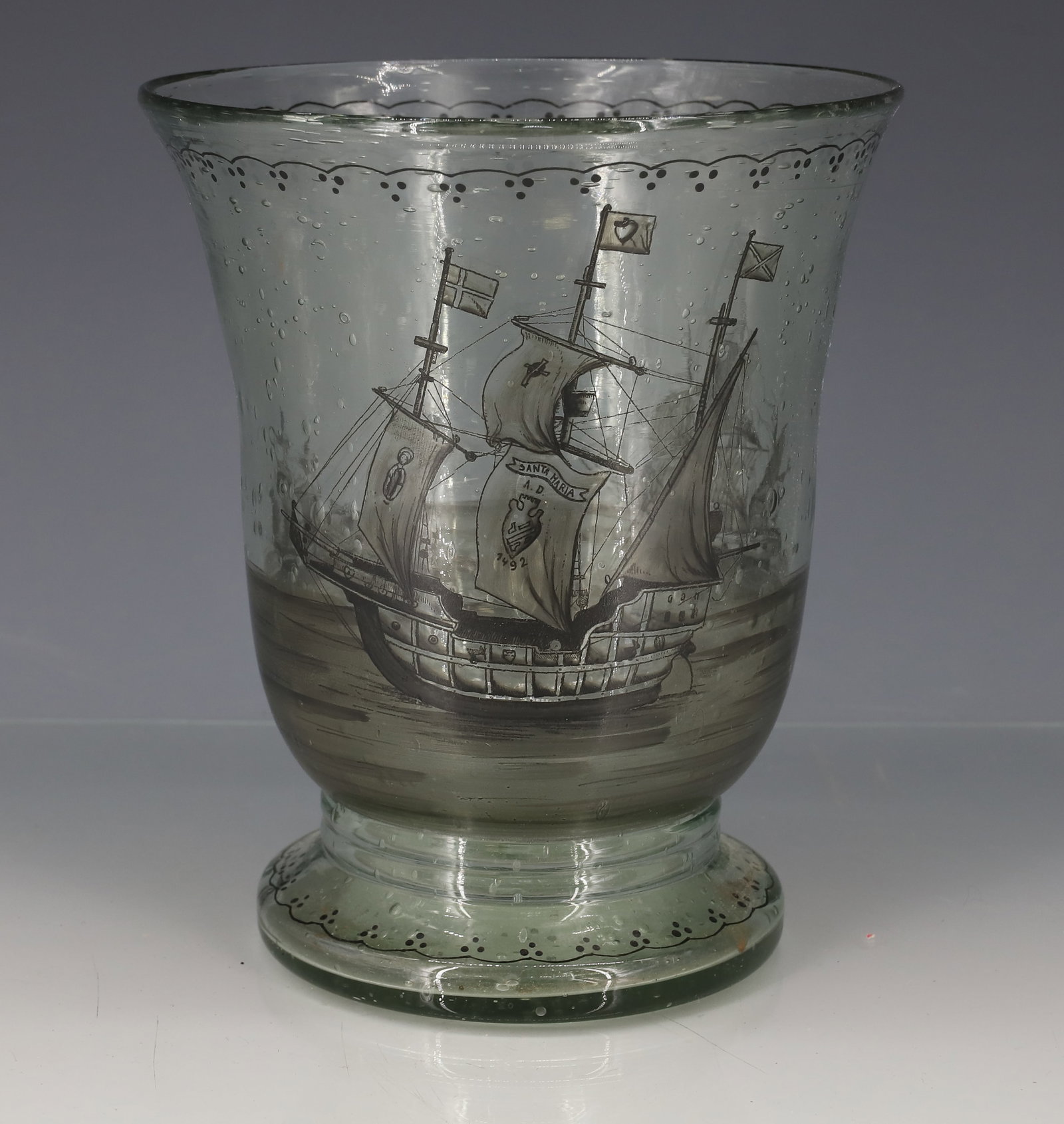 BLOWN GLASS VASE/SHIP PAINTING: DETAILED ENAMEL OF CLIPPER SHIP SANTA MARIA 1492 BUBBLED GLASS ROUGH GROUND PONTIL 8 1/4"H PLEASE READ CAREFULLY - ITEMS MUST BE PAID FOR THROUGH LIVE AUCTIONEERS OR WITH CASH OR CHECK IN PERSON -