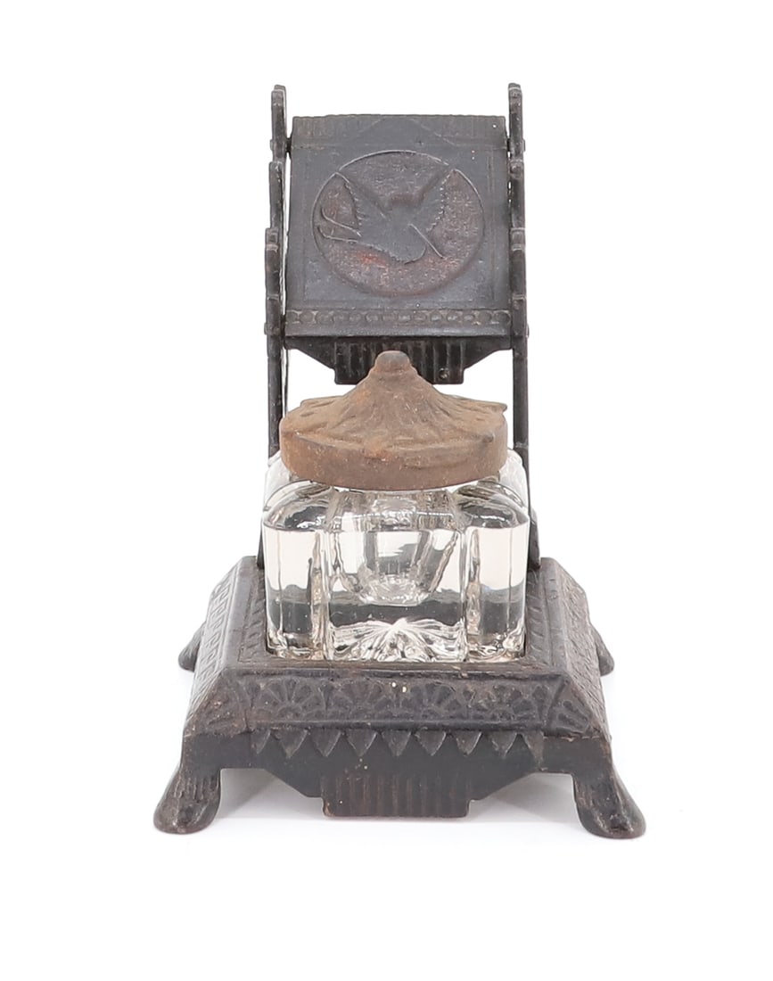CAST IRON INKWELL/PEN STAND: EASTLAKE VICTORIAN DECORATION, GLASS WELL WITH CAST IRON LID 5" X 3 1/2" PLEASE READ CAREFULLY - ITEMS MUST BE PAID FOR THROUGH LIVE AUCTIONEERS OR WITH CASH OR CHECK IN PERSON - Terms for Purchasing