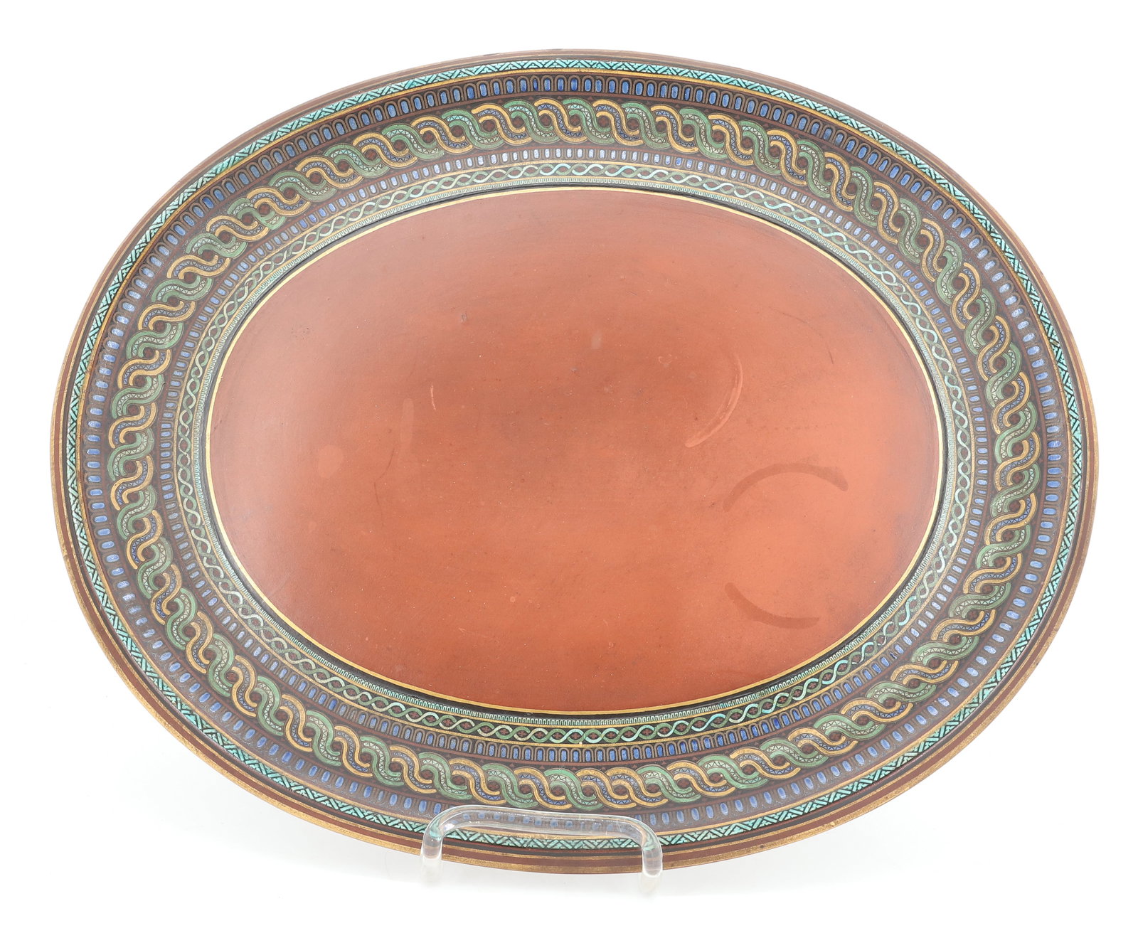 TERRA COTTA PRATT PLATTER: DETAILED BORDER TURQUOISE, BLUE, GREEN, CARAMEL, AND BLACK MID 19TH C. 16 1/2" X 13 1/4" PLEASE READ CAREFULLY - ITEMS MUST BE PAID FOR THROUGH LIVE AUCTIONEERS OR WITH CASH OR CHECK IN PERSON - Terms