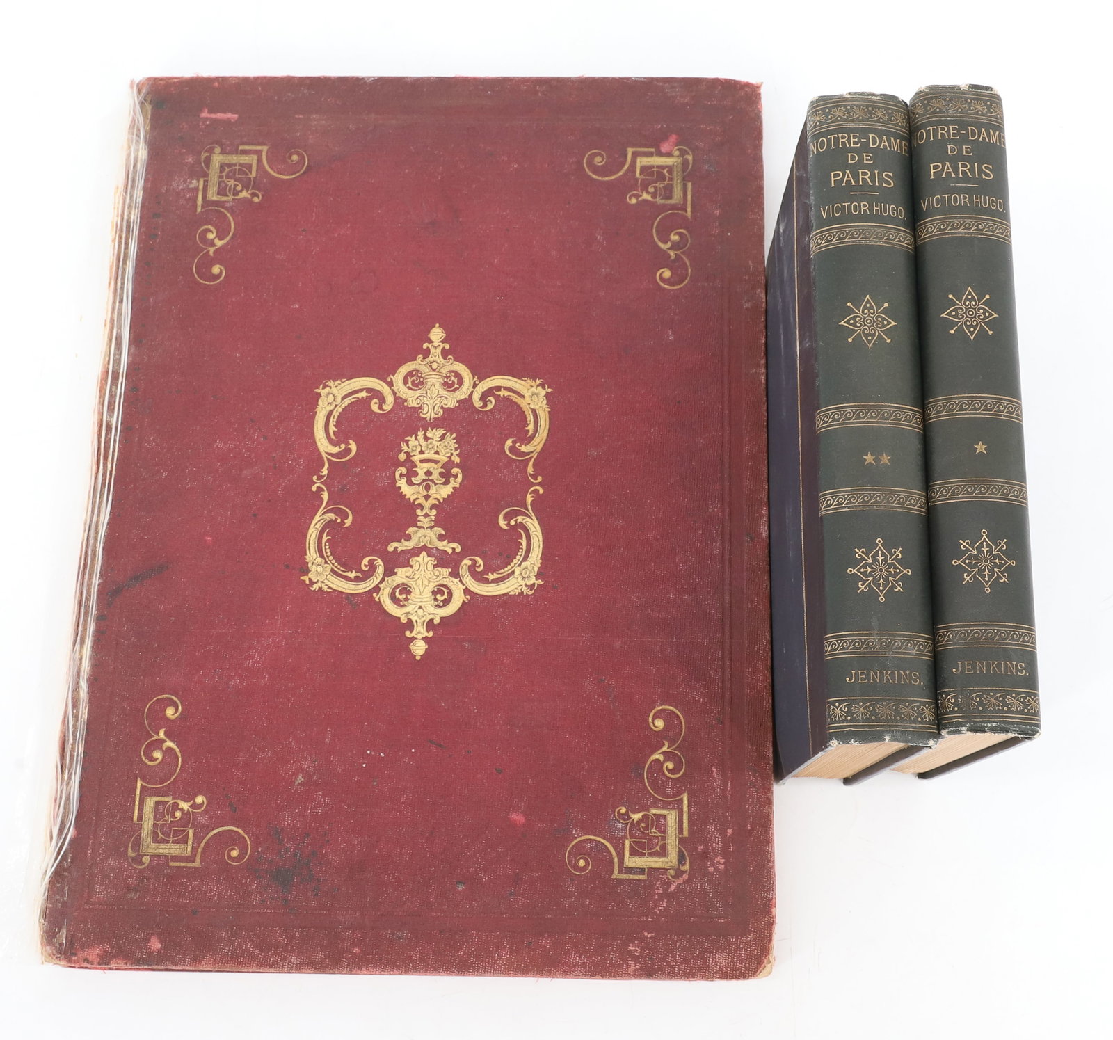 (3) NOTRE-DAME DE PARIS VICTOR HUGO AND FRENCH ART BOOKS: VOLUMES I&II NOTRE- DAME DE PARIS VICTOR HUGO FIRST EDITIONS 1883 PUBLISHED BY WILLIAM R. JENKINS, FRENCH ART PORTFOLIO IN GERMAN LANGUAGE PUBLISHED 1853 7 3/4" X 5 1/2", 13" X 9 1/2" PLEASE READ CARE