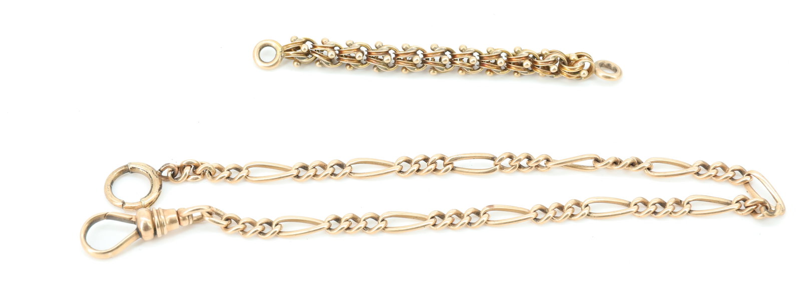 14K YELLOW GOLD WATCH CHAIN AND SHORT CHAIN: 14K WATCH CHAIN 9 1/4", VICTORIAN TESTED 14K SHORT CHAIN 2 1/2" TOTAL WEIGHT 8.25 DWT PLEASE READ CAREFULLY - ITEMS MUST BE PAID FOR THROUGH LIVE AUCTIONEERS OR WITH CASH OR CHECK IN PERSON - Terms fo