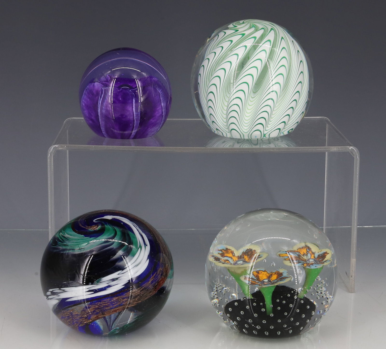 (4) ART GLASS PAPERWEIGHTS: CAITHNESS SEA GEMS, OPAQUE WHITE AND GREEN SWIRL, WHEATON VILLAGE THREE FLOWERS AND HARMON MILLER 1999 COLORFUL SWIRL 2 1/2" TO 3 1/4" PLEASE READ CAREFULLY - ITEMS MUST BE PAID FOR THROUGH