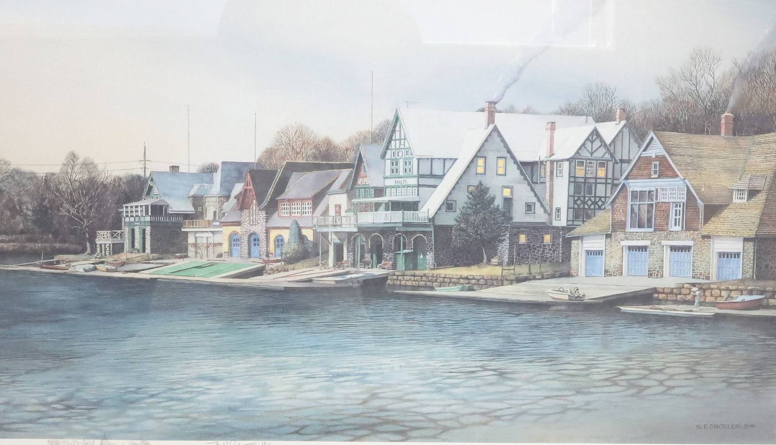 NICHOLAS SANTOLERI "IN FOR THE EVENING" PRINT: IN FOR THE EVENING (BOATHOUSE ROW 2) 1991 LARGE RENDERING 11/50 SIGNED AND NUMBERED VIEW 16" X 28" OVERALL 26 1/4" X 38 1/2" PLEASE READ CAREFULLY - ITEMS MUST BE PAID FOR THROUGH LIVE AUCTIONEERS OR