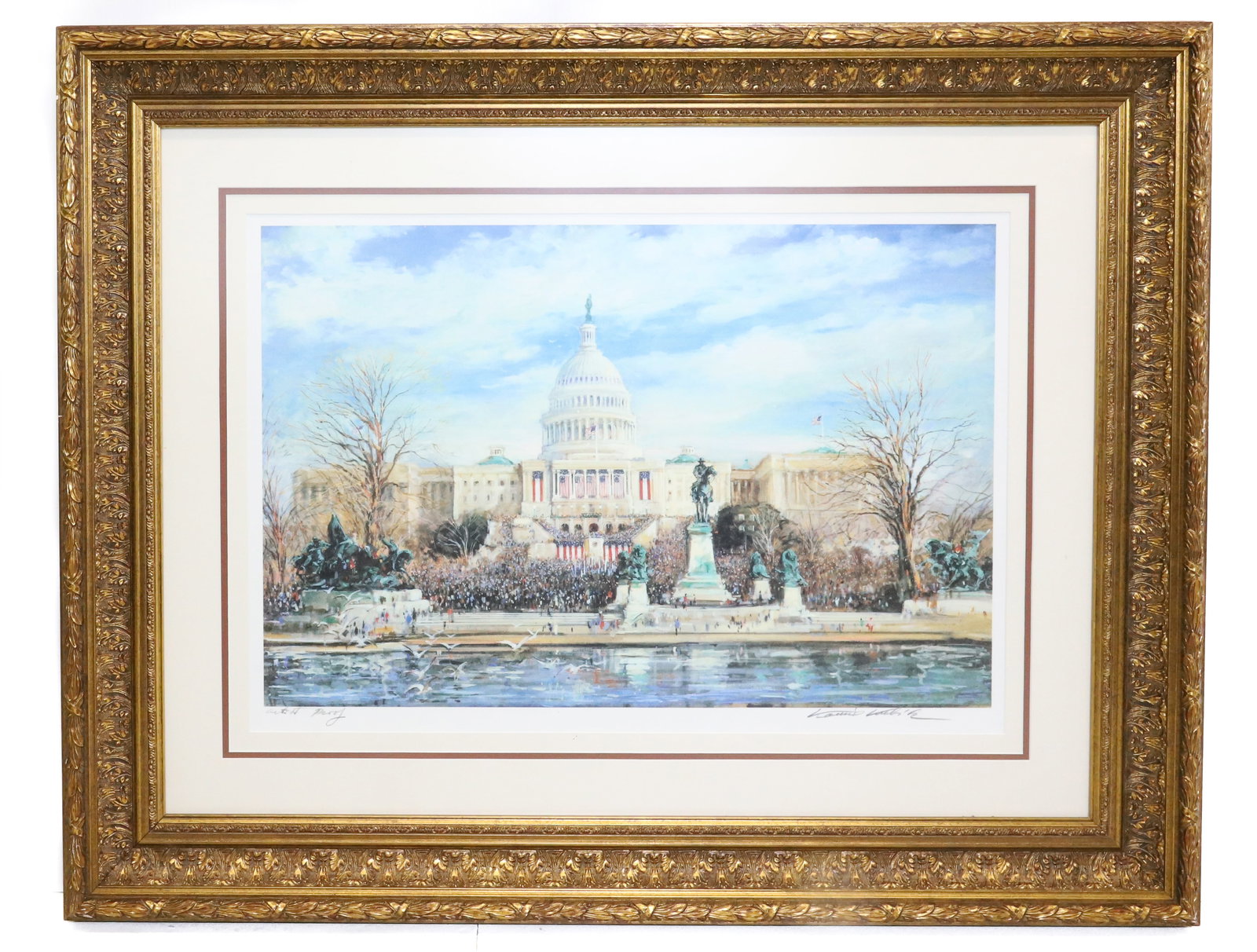 KAMIL KUBIK "THE INAUGURATION": SERIGRAPH OF THE US CAPITOL BUILDING WASHINGTON D.C. ARTIST PROOF LOWER LEFT AND SIGNATURE LOWER RIGHT VIEW 20" X 29", OVERALL 34 1/2" X 43" FRAMED IN ORNATE GESSO GOLD FRAME PLEASE READ