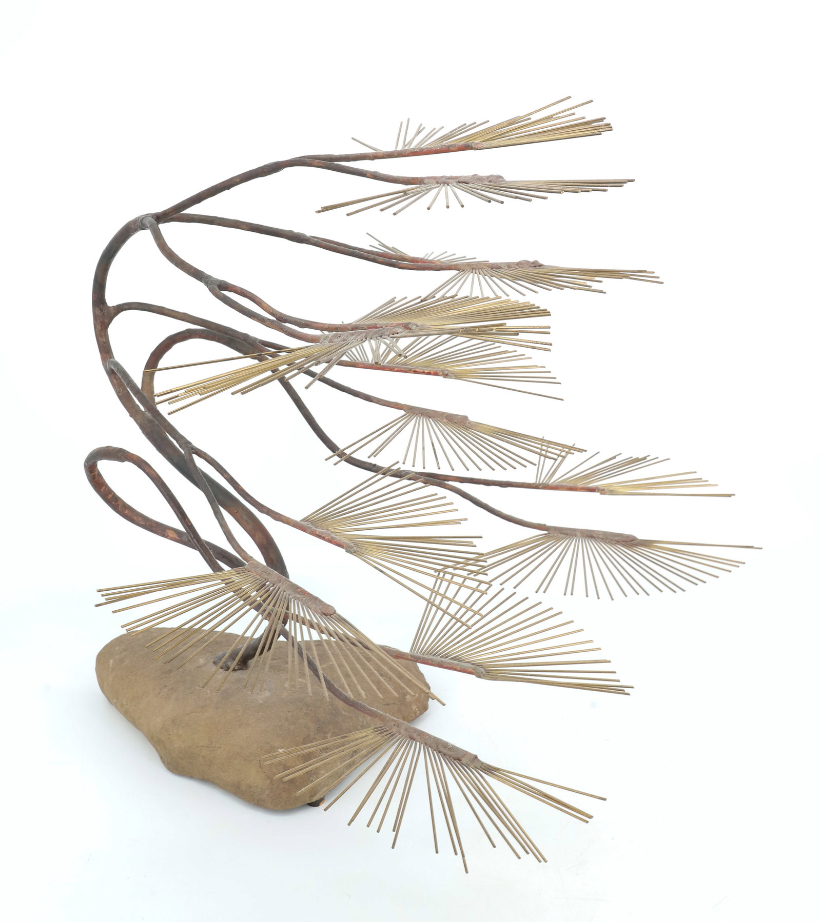 MID CENTURY BRONZE SCULPTURE: BRONZE SCRUB PINE MOUNTED ON NATURAL STONE ROCK 19" X 20" X 17" PLEASE READ CAREFULLY - ITEMS MUST BE PAID FOR THROUGH LIVE AUCTIONEERS OR WITH CASH OR CHECK IN PERSON - Terms for Purchasing and Shipp