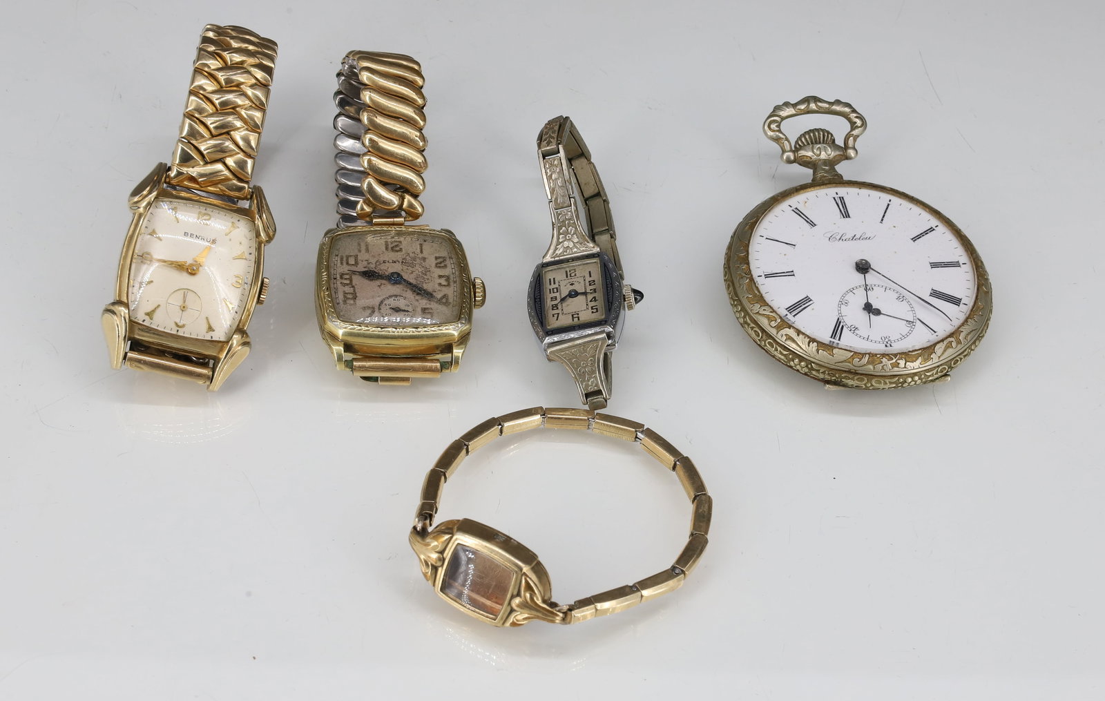 (5) POCKET WATCH/(4) WRISTWATCHES: FRENCH CHATELEU, BENRUS BUBBLE CRYSTAL GOLD FILLED, ELGIN GOLD FILLED, LADIES EMPTY CASE GOLD FILLED AND ART DECO SUNRITE METAL CASE 2 7/8" X 2", 1 1/8" X 1 1/8" PLEASE READ CAREFULLY - ITEMS MUST BE