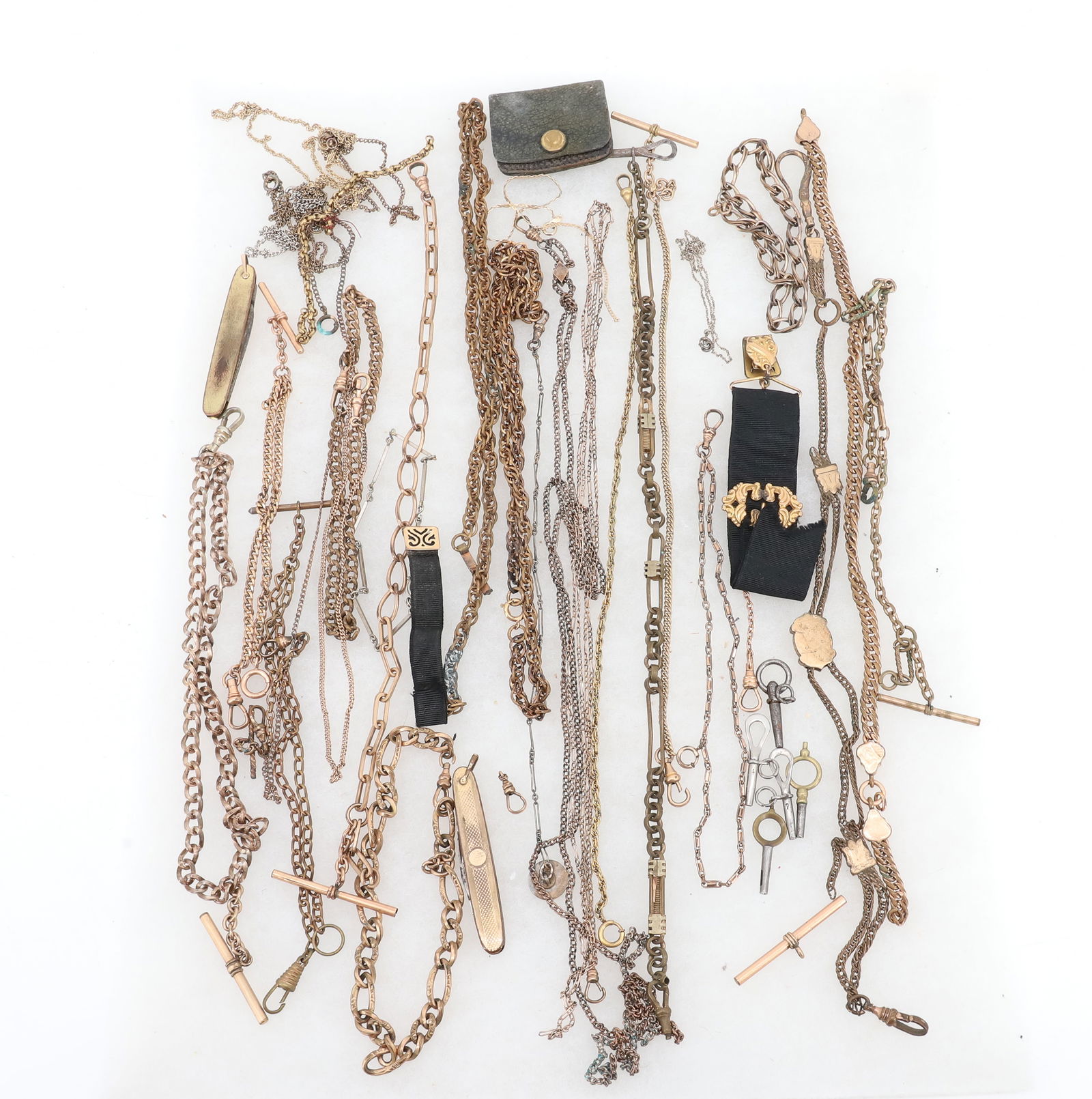VICTORIAN WATCH CHAIN LOT: WATCH CHAINS, PARTS, WATCH KEYS 10" PLEASE READ CAREFULLY - ITEMS MUST BE PAID FOR THROUGH LIVE AUCTIONEERS OR WITH CASH OR CHECK IN PERSON - Terms for Purchasing and Shipping of Auction Items.