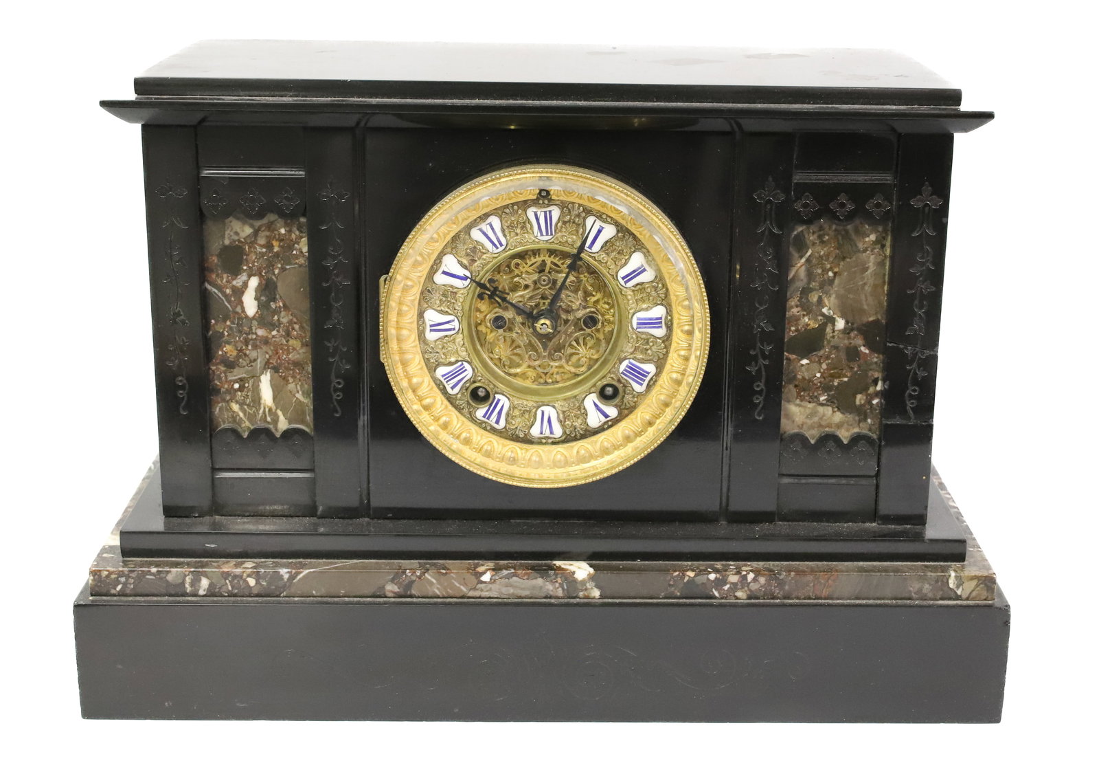 ANTIQUE ANSONIA ONYX AND MARBLE MANTLE CLOCK: POLISHED BLACK ONYX, WITH MOTTLED MARBLE INSETS AND BASE TRIM , EIGHT DAYS, ORNATE BRASS AND ENAMEL FACE PENDULUM AND KEY WORKING ORDER 10 1/4" X 15" X 6 3/4" PLEASE READ CAREFULLY - ITEMS MUST BE PAI