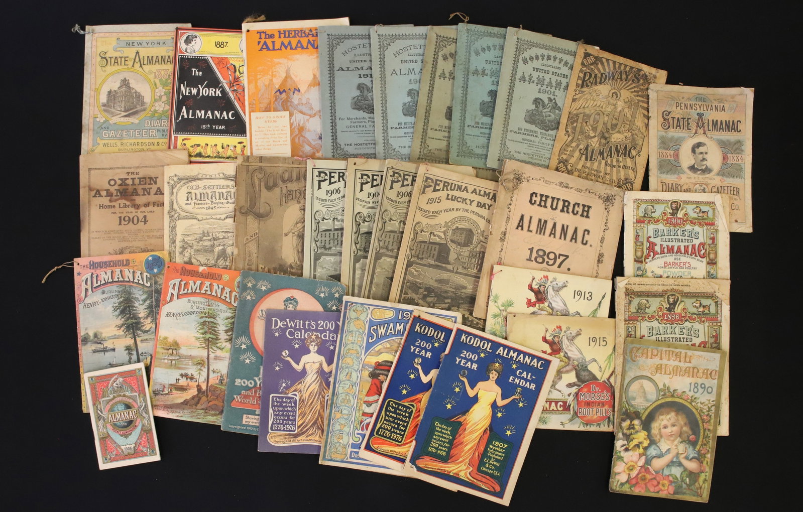 LOT OF 19TH/20TH C. ALMANACS: 1885 TO 1929. (30+). PLEASE READ CAREFULLY - ITEMS MUST BE PAID FOR THROUGH LIVE AUCTIONEERS OR WITH CASH OR CHECK IN PERSON - Terms for Purchasing and Shipping of Auction Items. Please read carefully