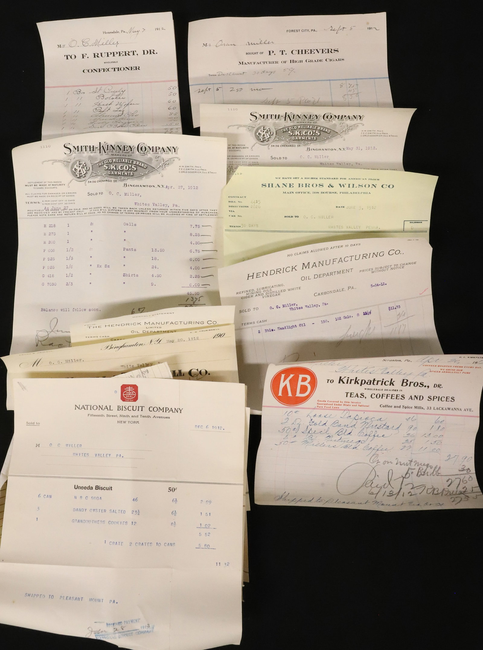 LOT OF EARLY 20TH C. INVOICES AND PAPERWORK: VARIOUS PENNSYLVANIA BUSINESS INVOICES WITH ENVELOPES. PLEASE READ CAREFULLY - ITEMS MUST BE PAID FOR THROUGH LIVE AUCTIONEERS OR WITH CASH OR CHECK IN PERSON - Terms for Purchasing and Shipping of Au