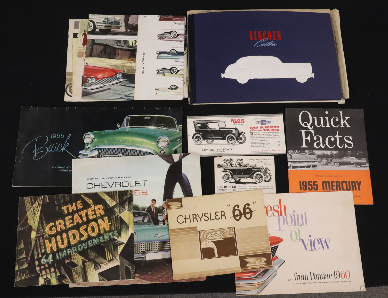LOT OF VINTAGE AUTOMOBILE BROCHURES / PAMPHLETS: INCLUDING: FORD, HUDSON, OLDSMOBILE, BUICK, CHRYSLER, SCOUT, DART, DODGE, PLYMOUTH, LINCOLN, PACKARD AND MORE. PLEASE READ CAREFULLY - ITEMS MUST BE PAID FOR THROUGH LIVE AUCTIONEERS OR WITH CASH OR C