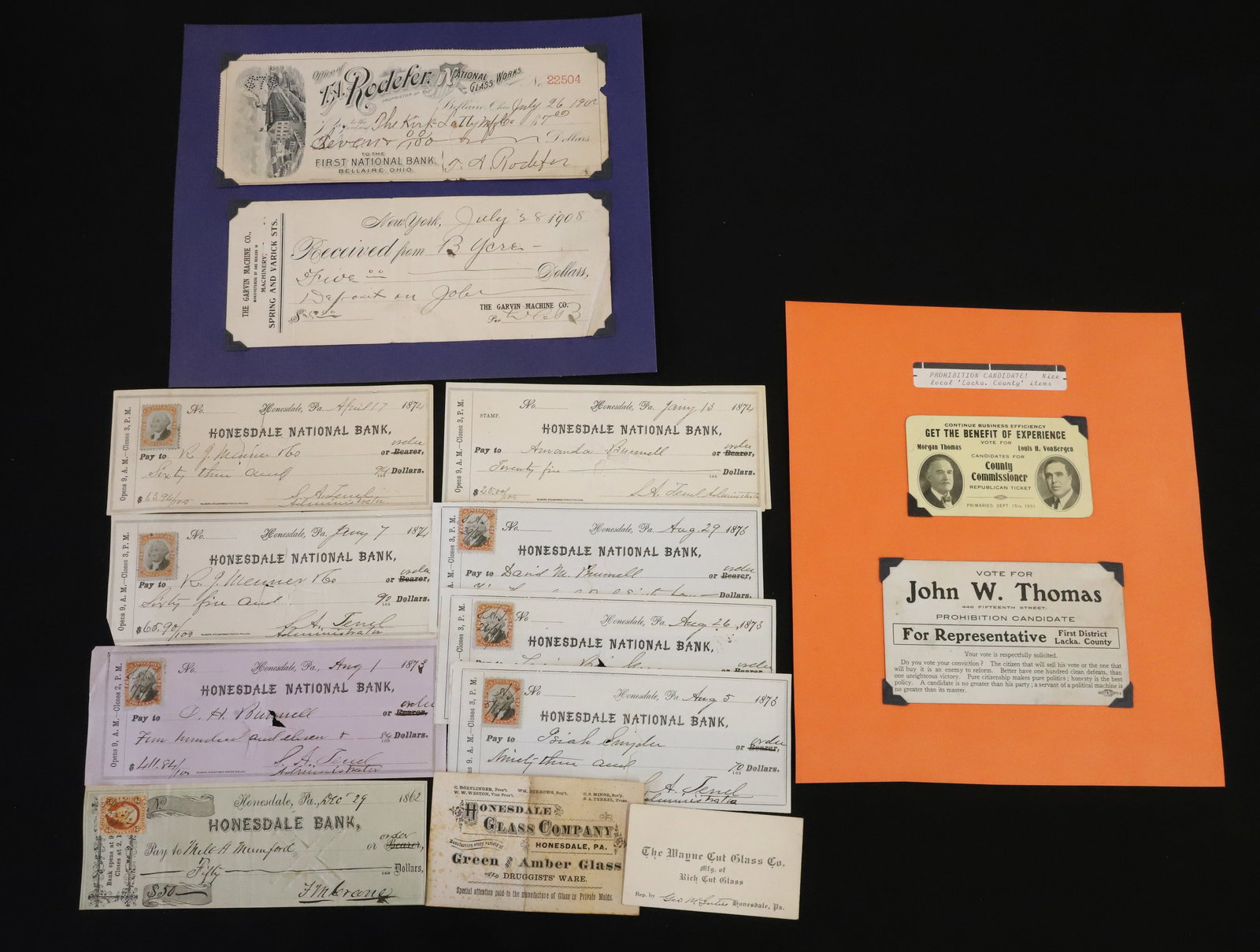 LOT OF HONESDALE, PA PAPERGOODS: HONESDALE NATIONAL BANK, GLASS COMPANY, LACKAWANNA POLITICAL CANDIDATES AND MORE. PLEASE READ CAREFULLY - ITEMS MUST BE PAID FOR THROUGH LIVE AUCTIONEERS OR WITH CASH OR CHECK IN PERSON - Terms for Pu