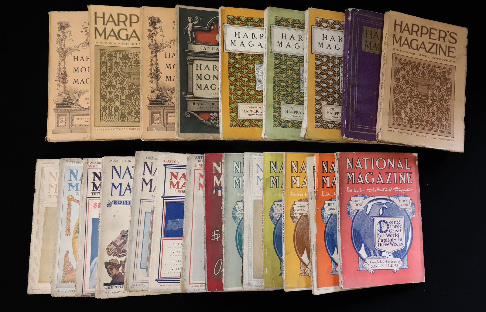 LOT OF EARLY 20TH C. MAGAZINES: NATIONAL MAGAZINE AND HARPER'S NEW MONTHLY MAGAZINE. (22) TOTAL ISSUES. PLEASE READ CAREFULLY - ITEMS MUST BE PAID FOR THROUGH LIVE AUCTIONEERS OR WITH CASH OR CHECK IN PERSON - Terms for Purchasing a
