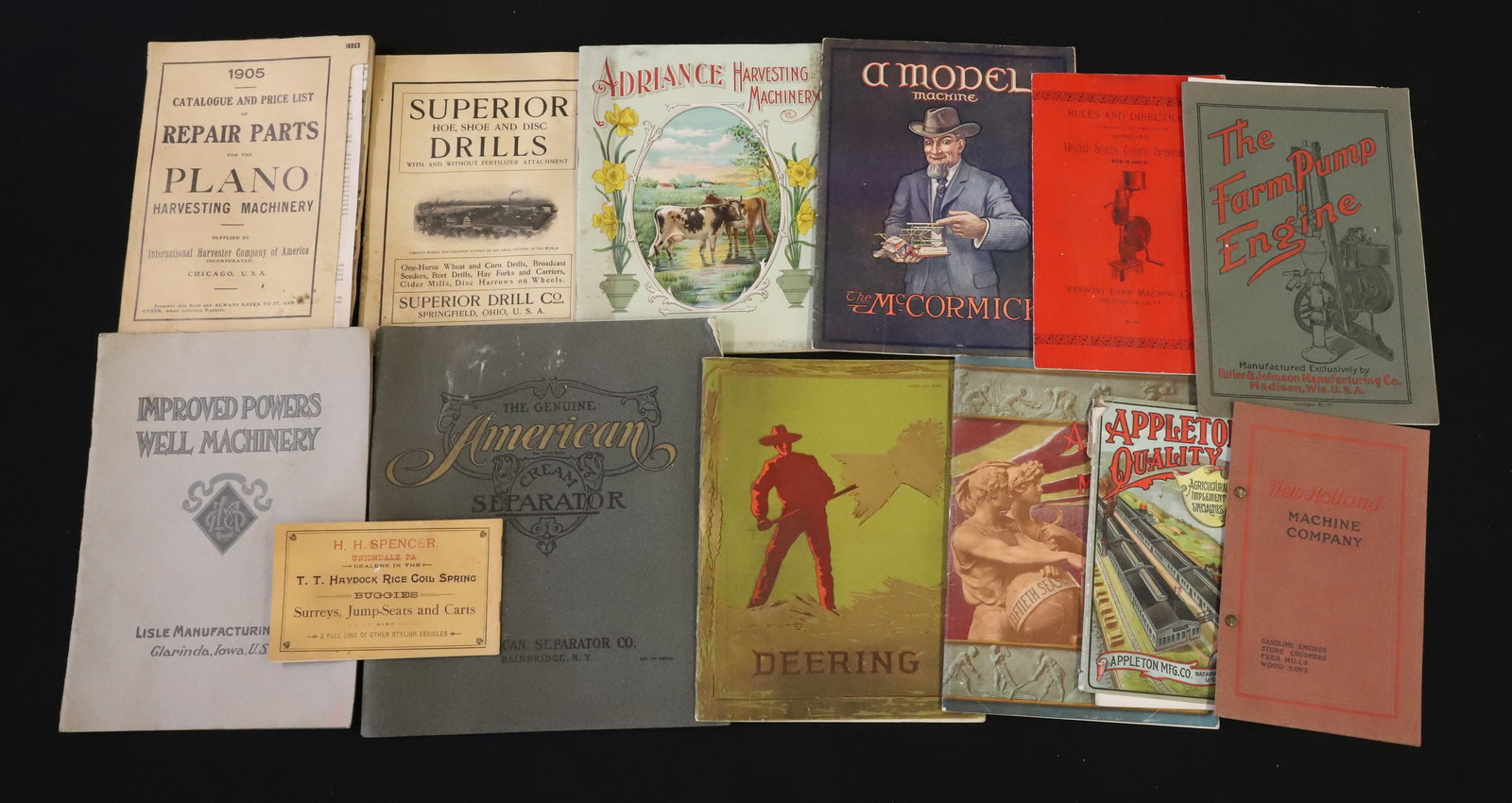 LOT OF FARM MACHINERY CATALOGS / BROCHURES: INCLUDING: NEW HOLLAND MACHINE CO. STONE CRUSHERS. THE FARM PUMP ENGINE. APPLETON MFG. CO. (1906). UNITED STATES CREAM SEPARATORS NO. 7/8. T.T. HAYDOCK CARRIAGE CO. "RICE COIL SPRINGS". ADRIANCE FARM