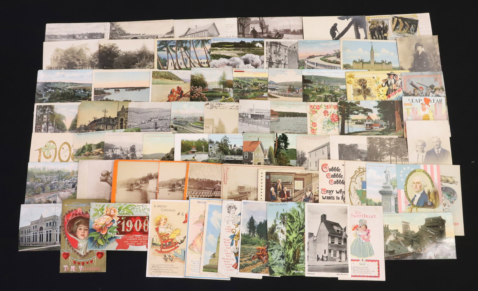 LOT OF POSTCARDS AND CDVs: PA AND NY POSTCARD WITH SOME HOLIDAY AND MISCELLANEOUS. WITH, (4) PHOTOGRAPHS INCLUDING: 1895 PHOTO OF ODDITY ANIMAL WITH "HUMAN FACE" (ASHLAND, WISCONSIN), BROOKLYN BRIDGE, NY, AND RIVER / BRIDGE IMA
