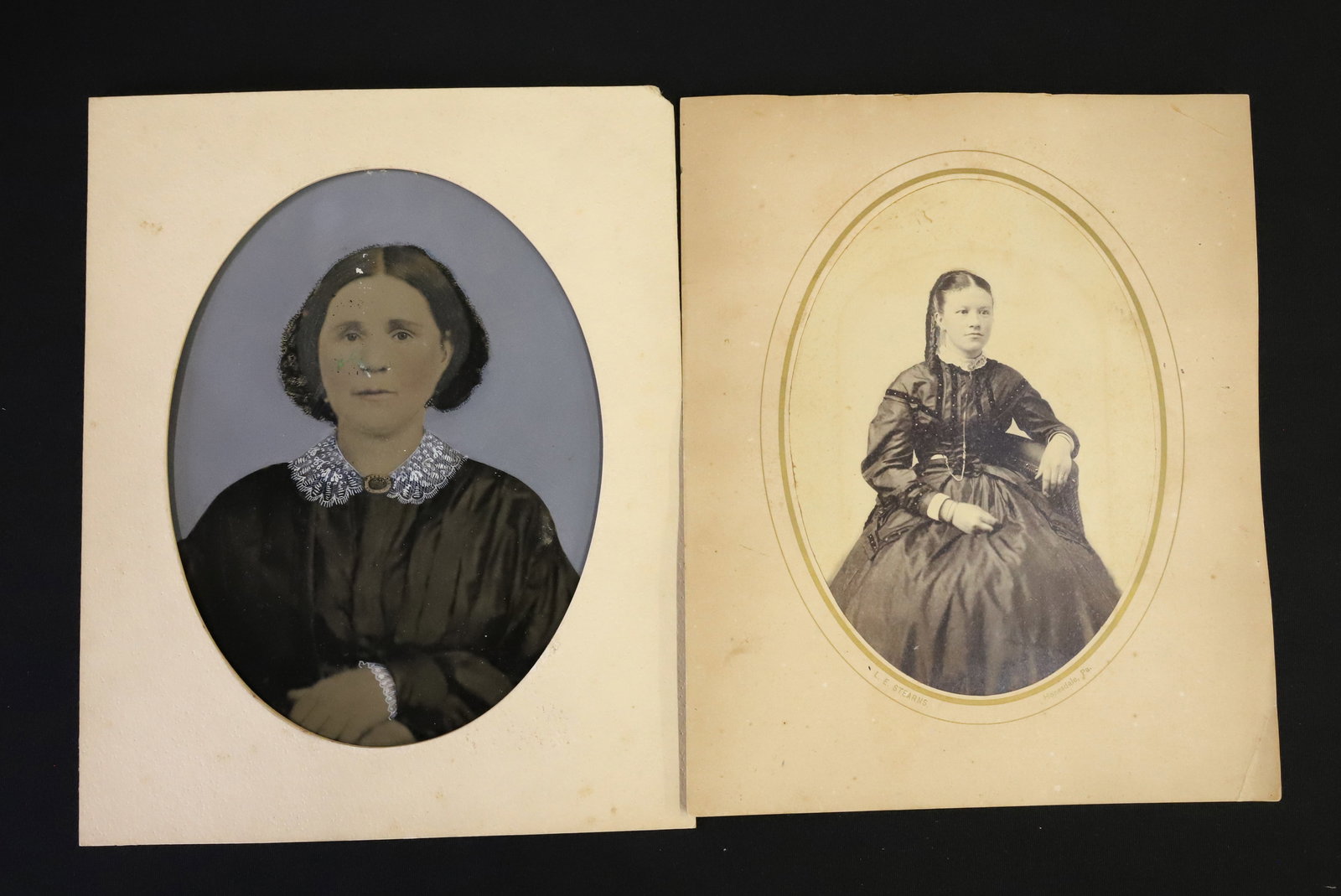 LARGE TINTYPE OF A WOMAN: HANDCOLORED TINTYPE OF WOMAN WITH HANDS CROSSED. 8 1/4" X 6 1/4". WITH, CDV PORTRAIT OF SEATED WOMAN. PLEASE READ CAREFULLY - ITEMS MUST BE PAID FOR THROUGH LIVE AUCTIONEERS OR WITH CASH OR CHECK IN P